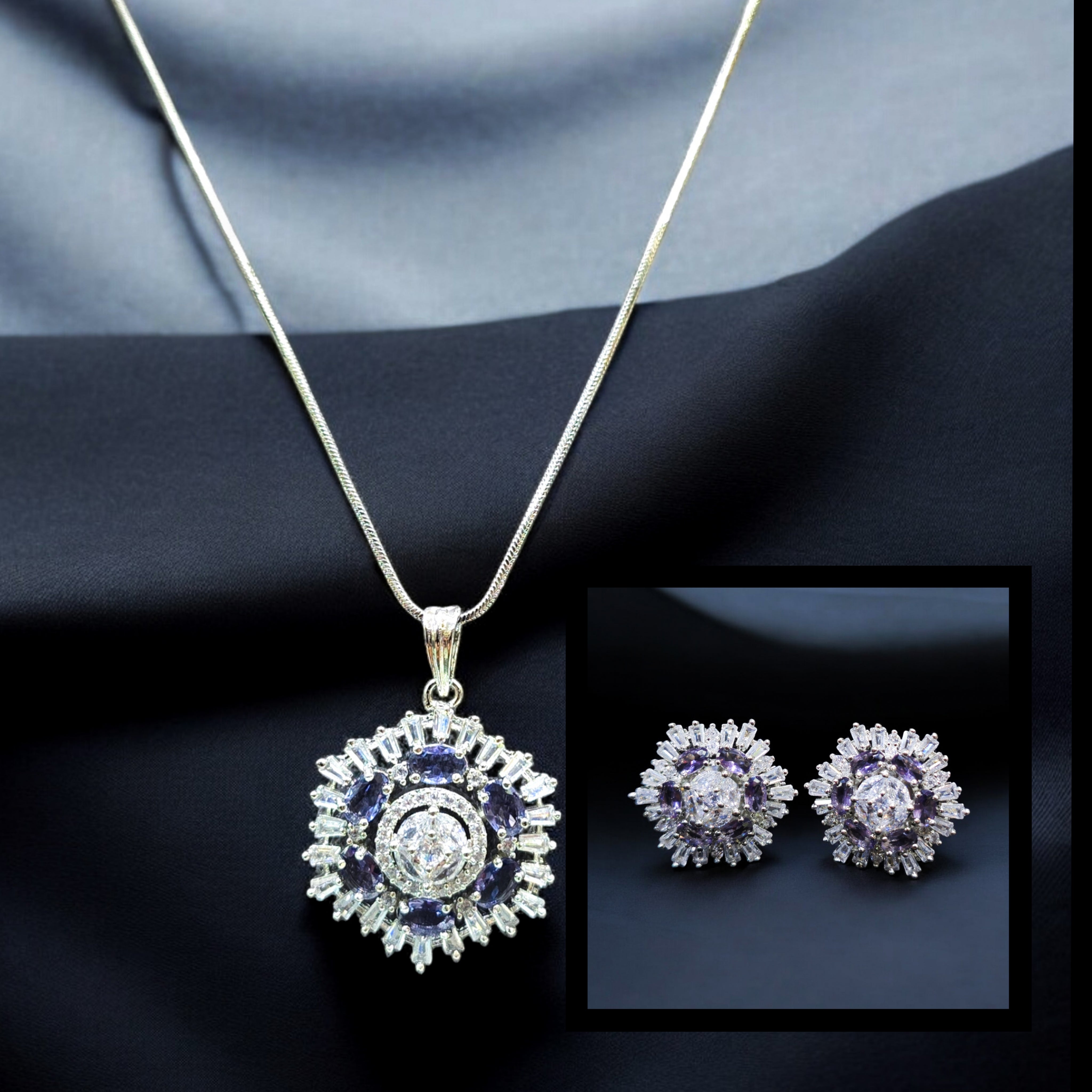 Purple AD Stone Rhodium Plated Pendant Set