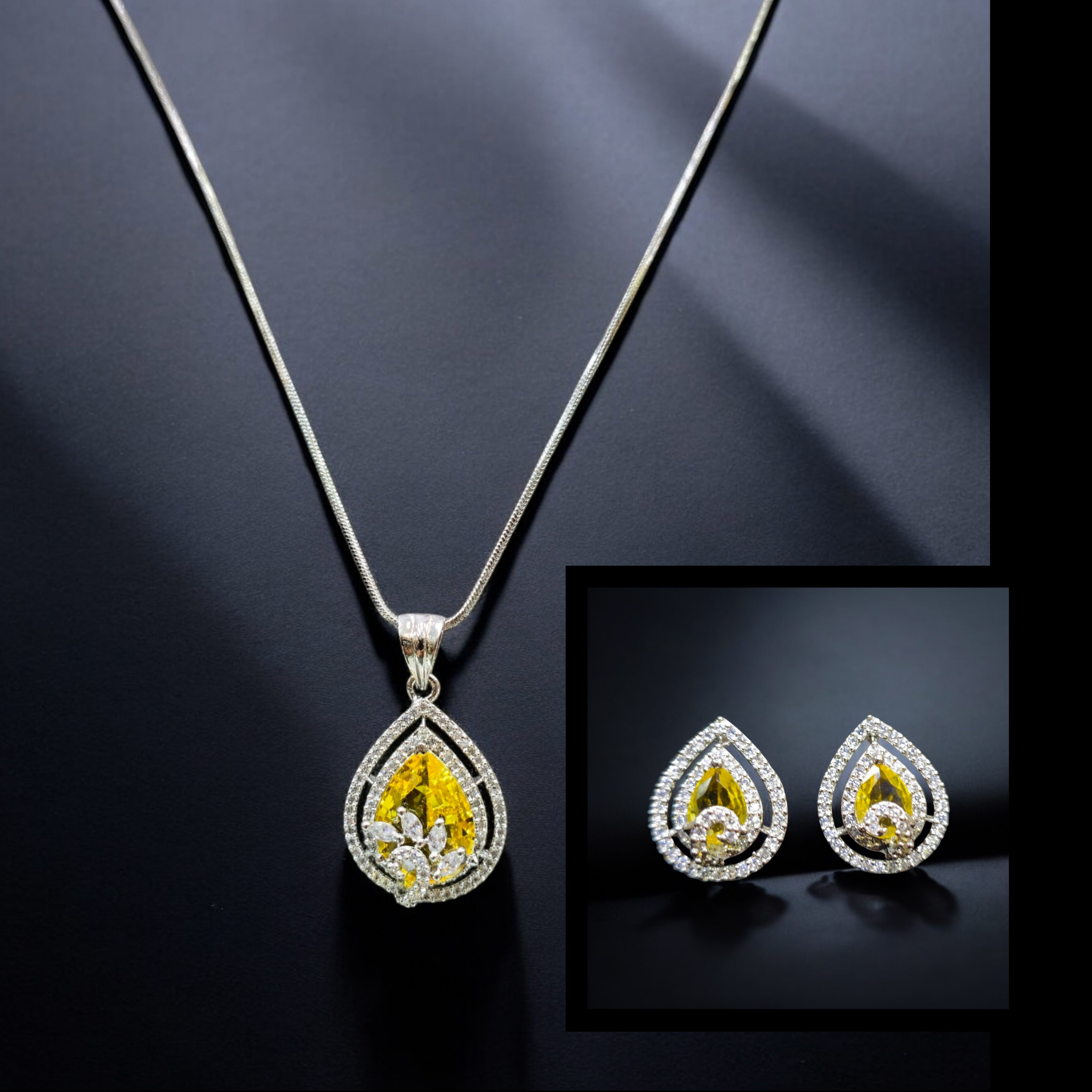 Yellow AD Stone Rhodium Plated Pendant Set