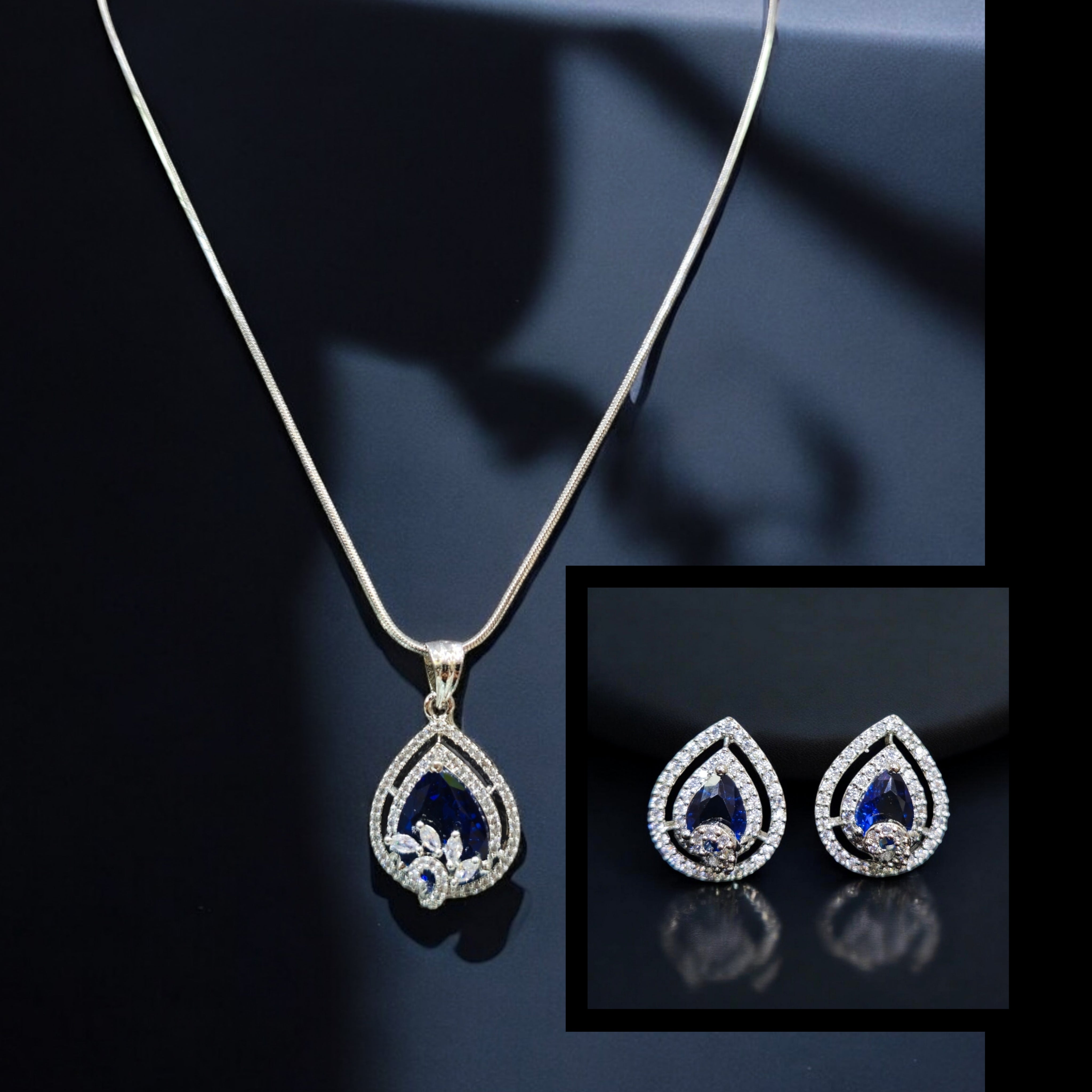 Blue AD Stone Rhodium Plated Pendant Set