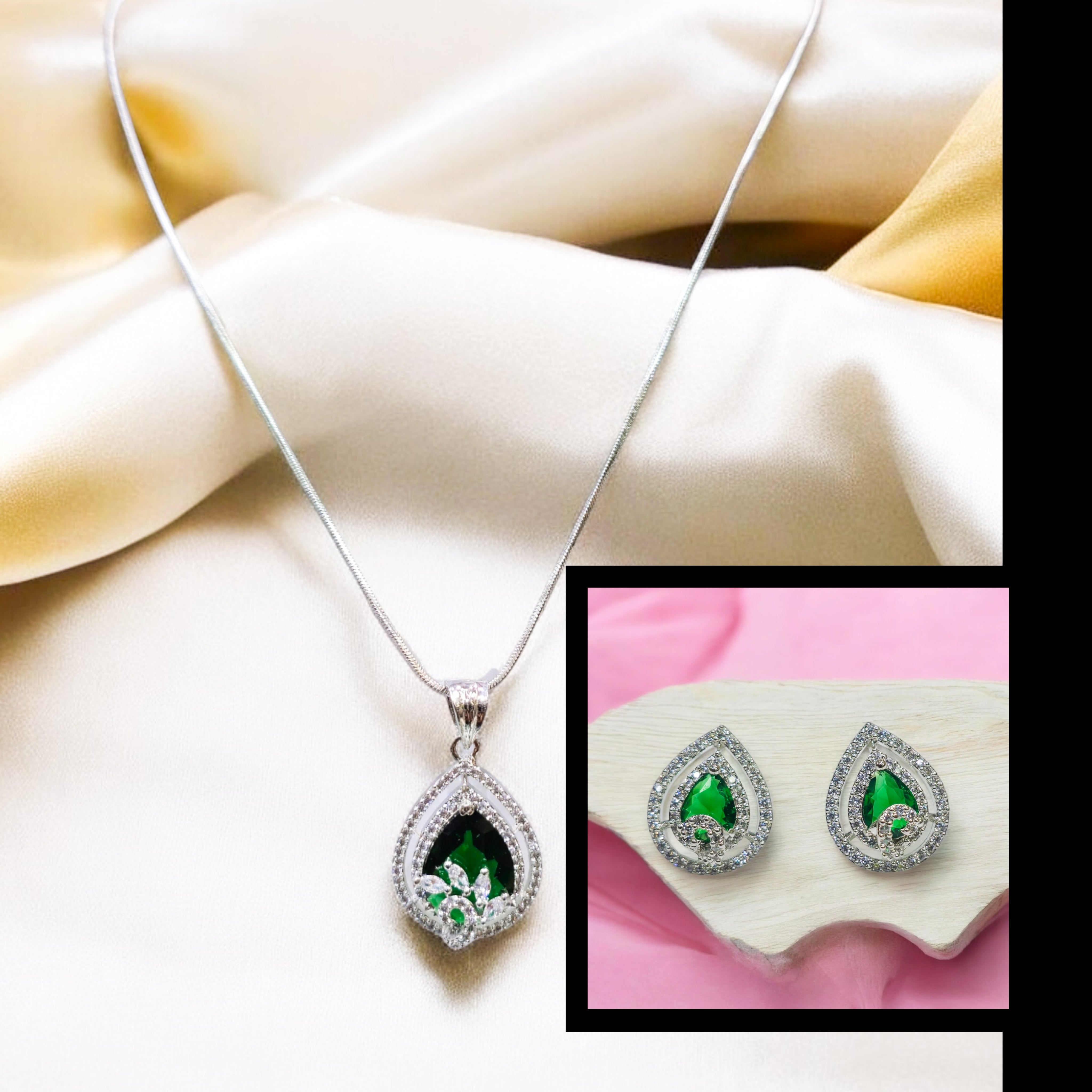 Green AD Stone Rhodium Plated Pendant Set