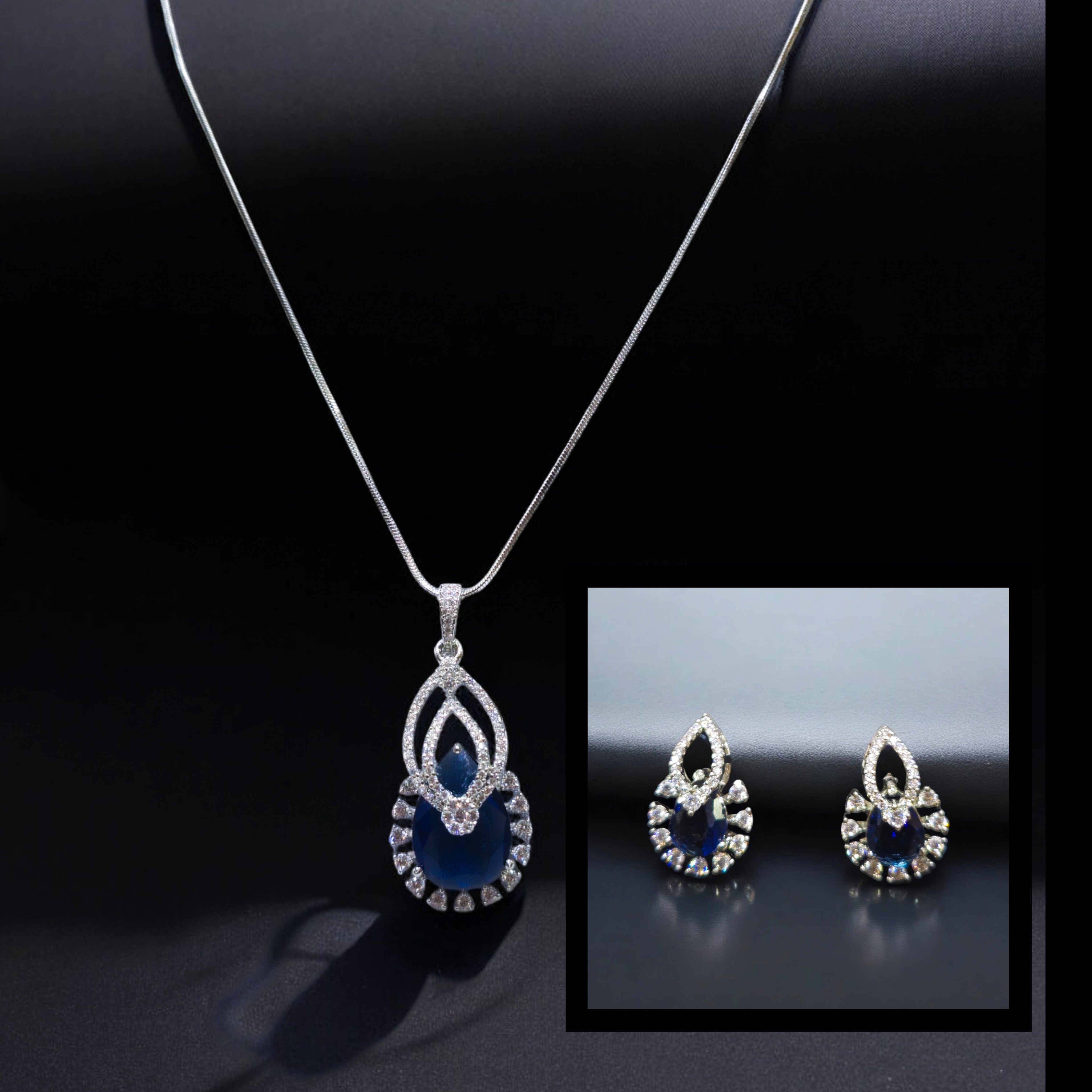 Blue AD Stone Rhodium Plated Pendant Set