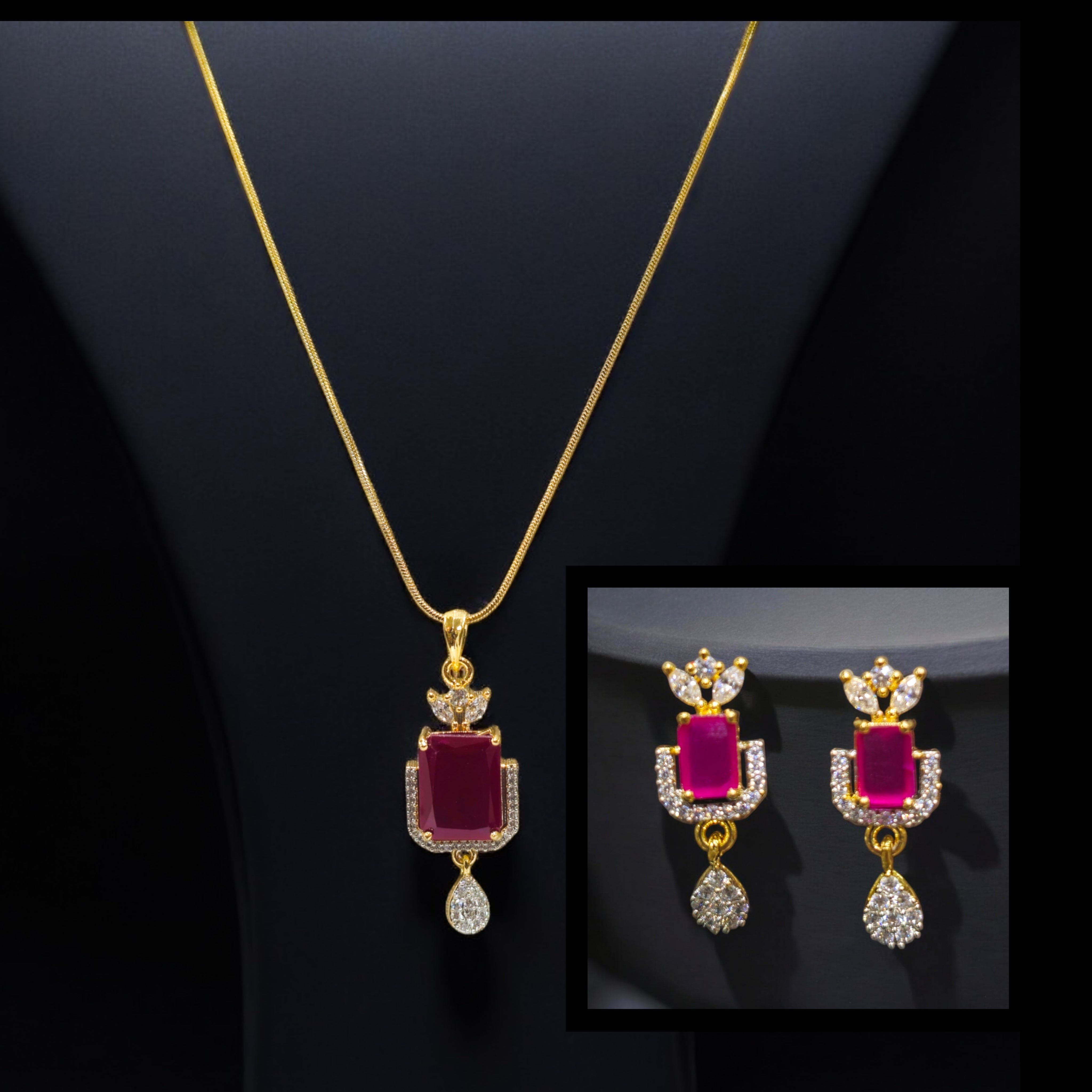 Ruby CZ Gold Plated Pendant Set