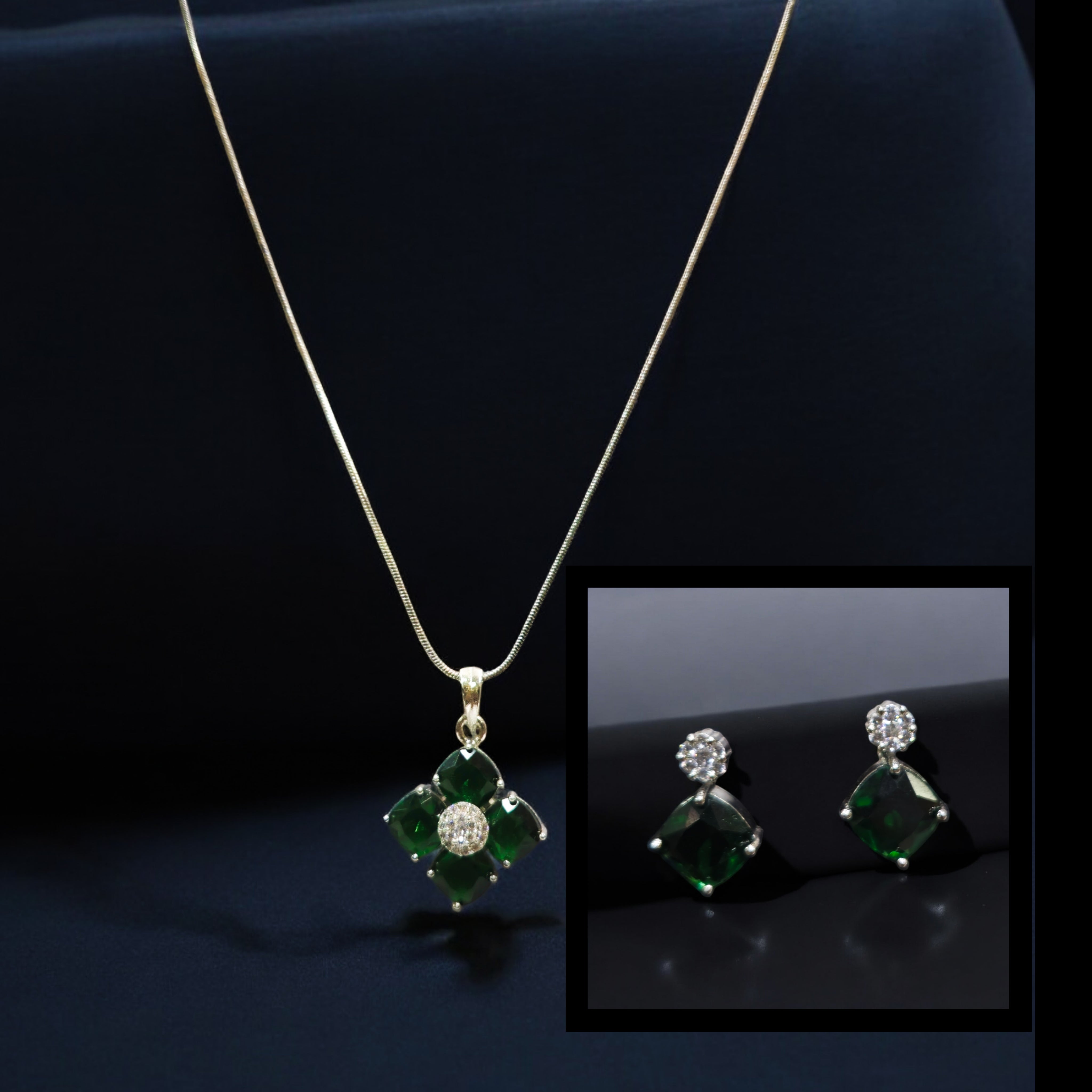 Green AD Stone Rhodium Plated Pendant Set