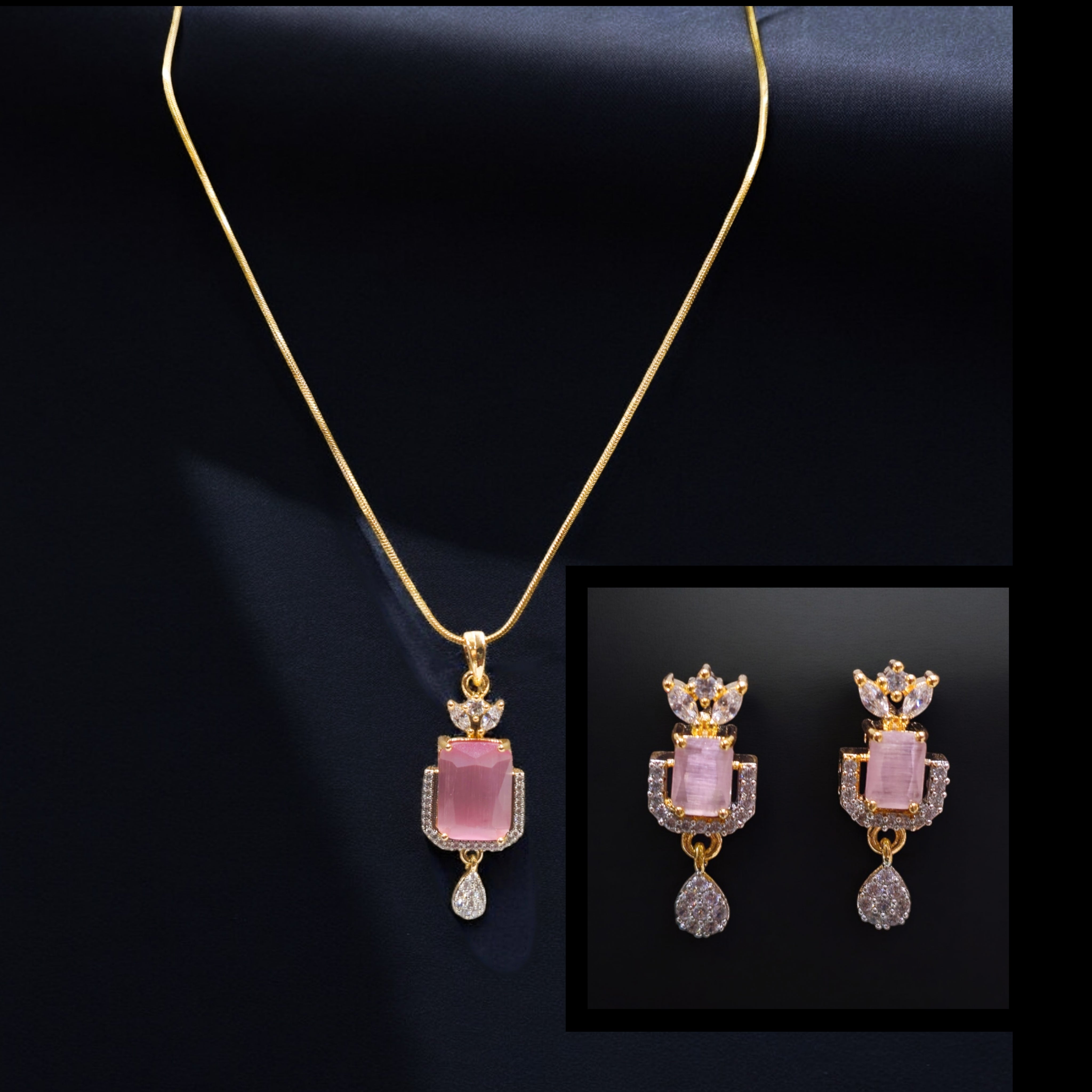 Pink CZ Gold Plated Pendant Set