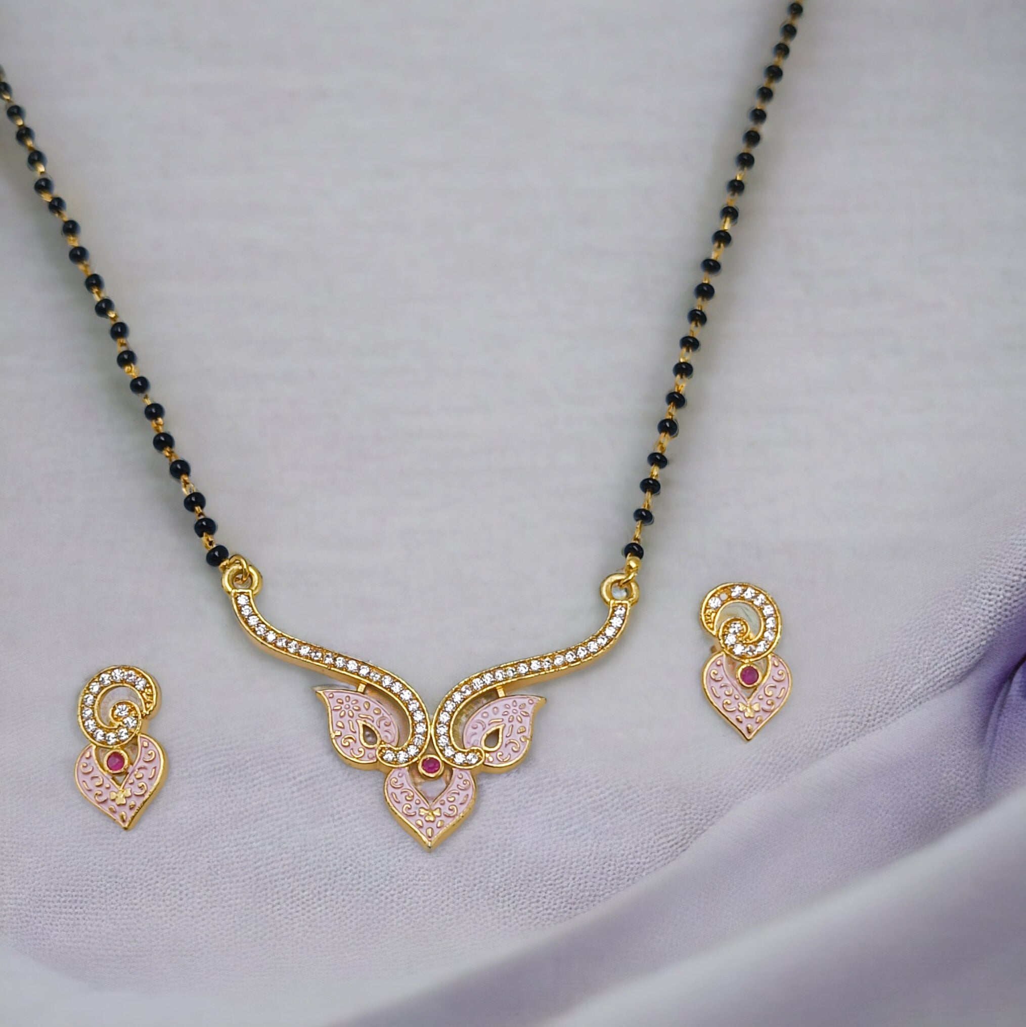 FW premium Pink A D Stone 18In Gold Plated Mangalsutra with Earrings 26