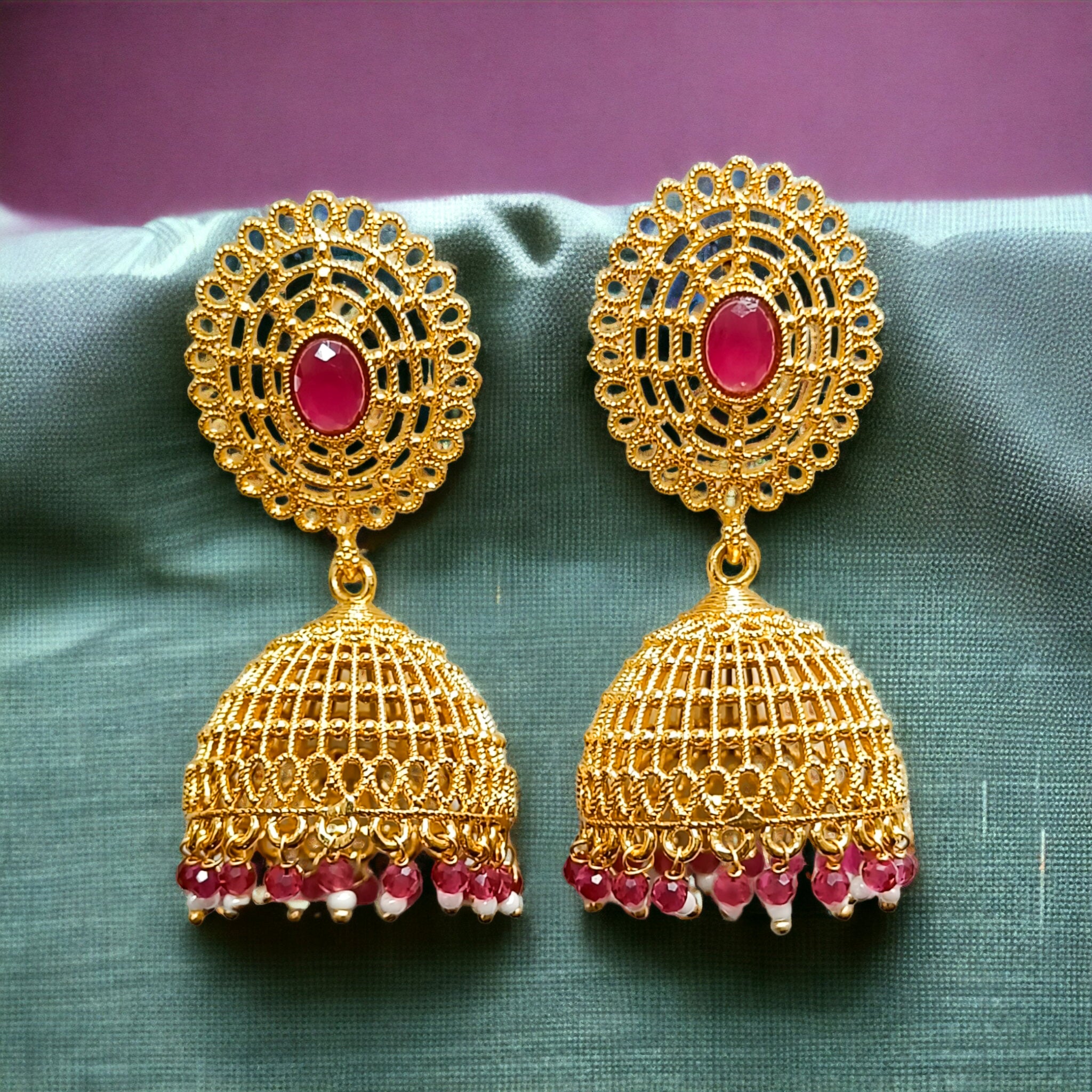 FW Gold Plated Big Size Ruby Stone Jhumka