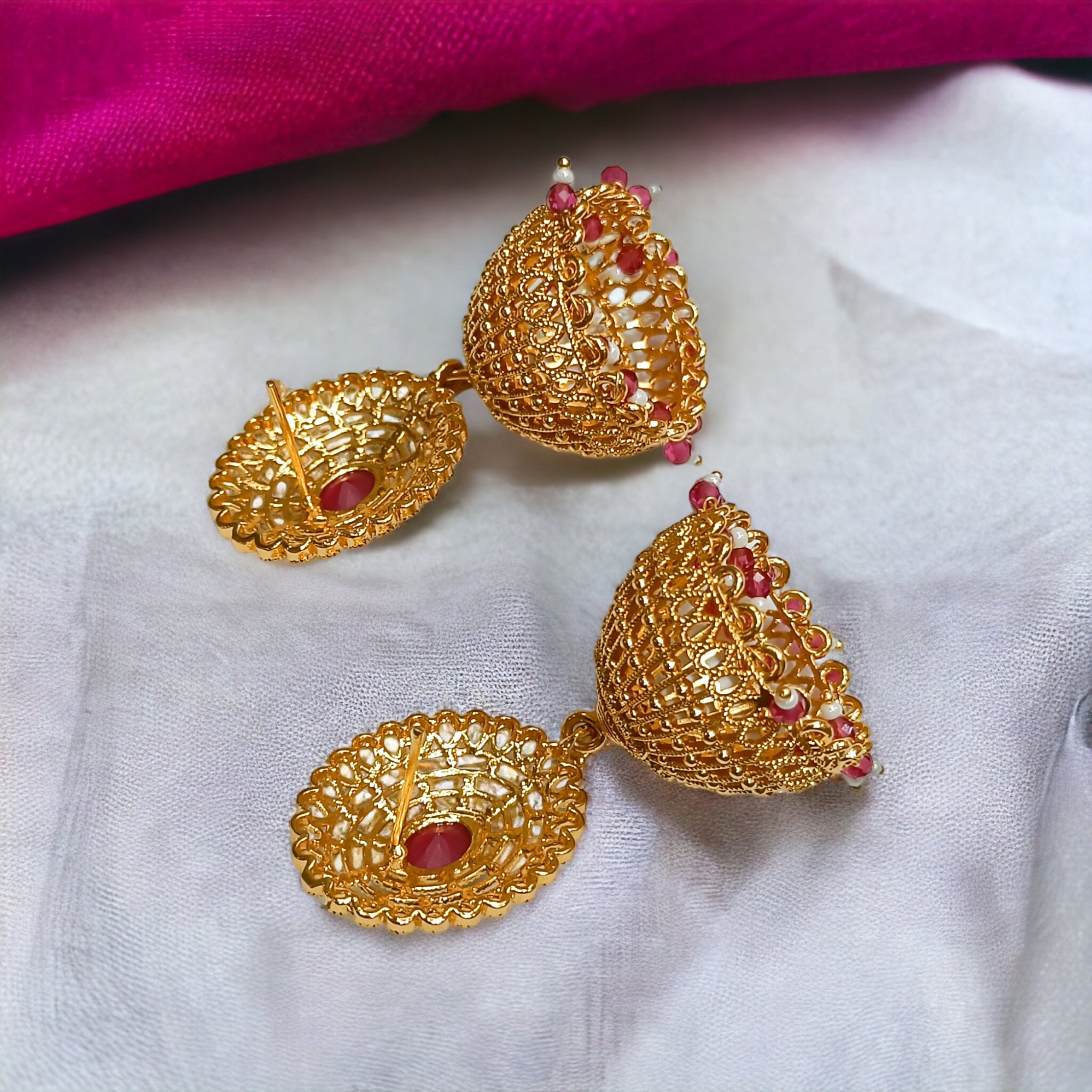 FW Gold Plated Big Size Ruby Stone Jhumka