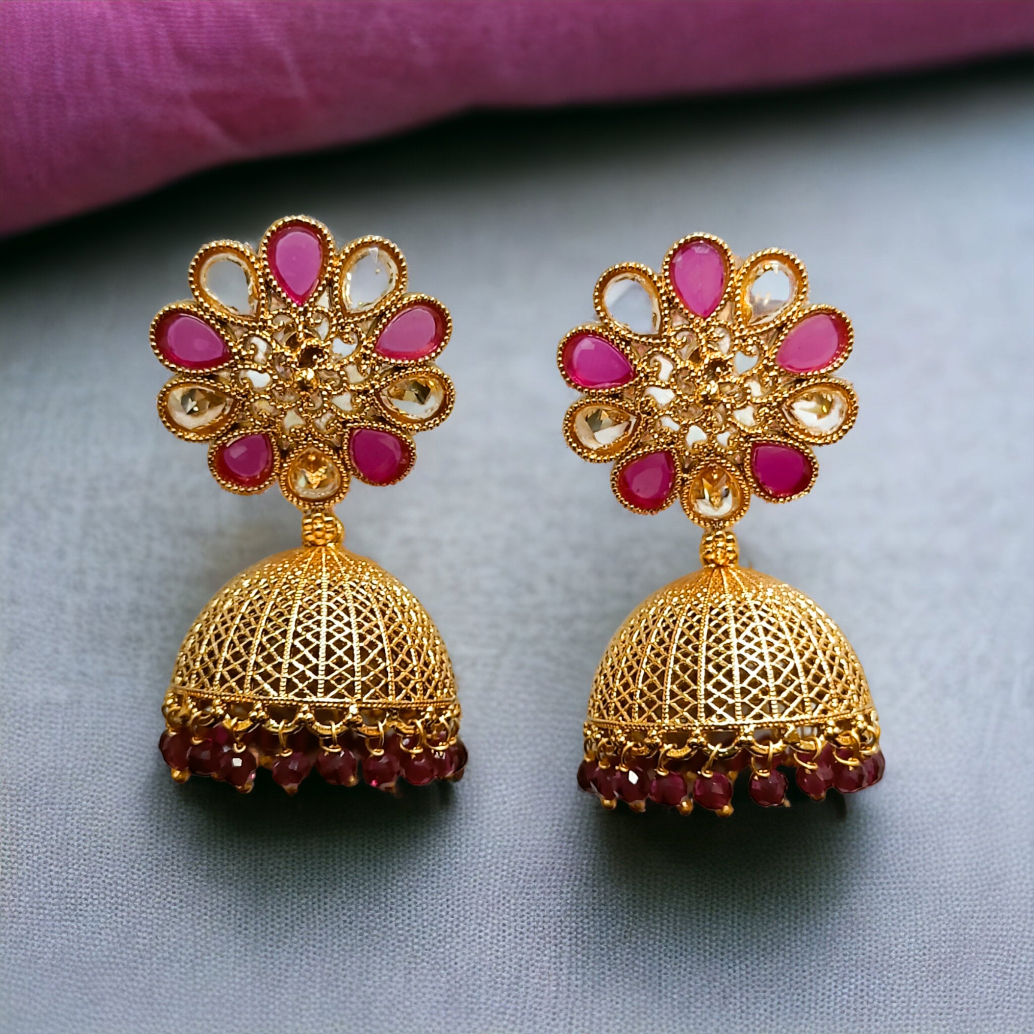 FW Gold Plated Big Size Ruby Stone Jhumka