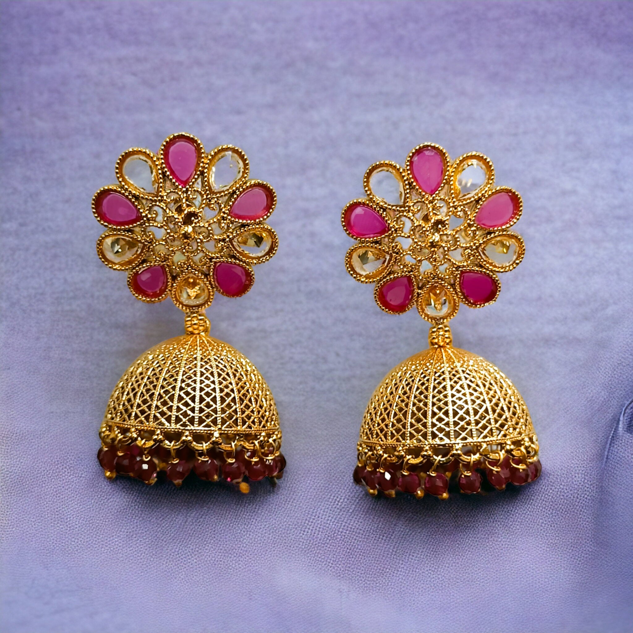 FW Gold Plated Big Size Ruby Stone Jhumka