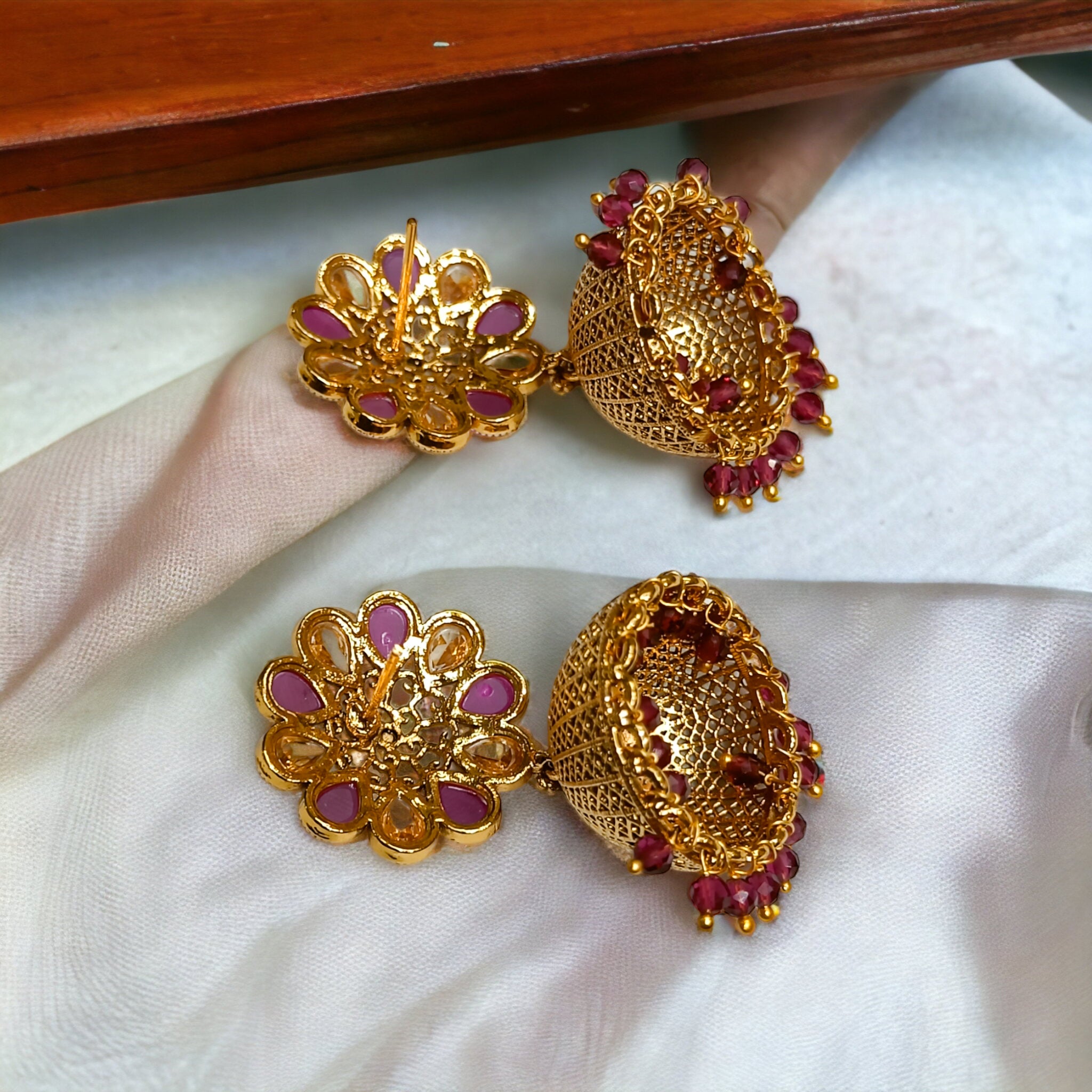 FW Gold Plated Big Size Ruby Stone Jhumka