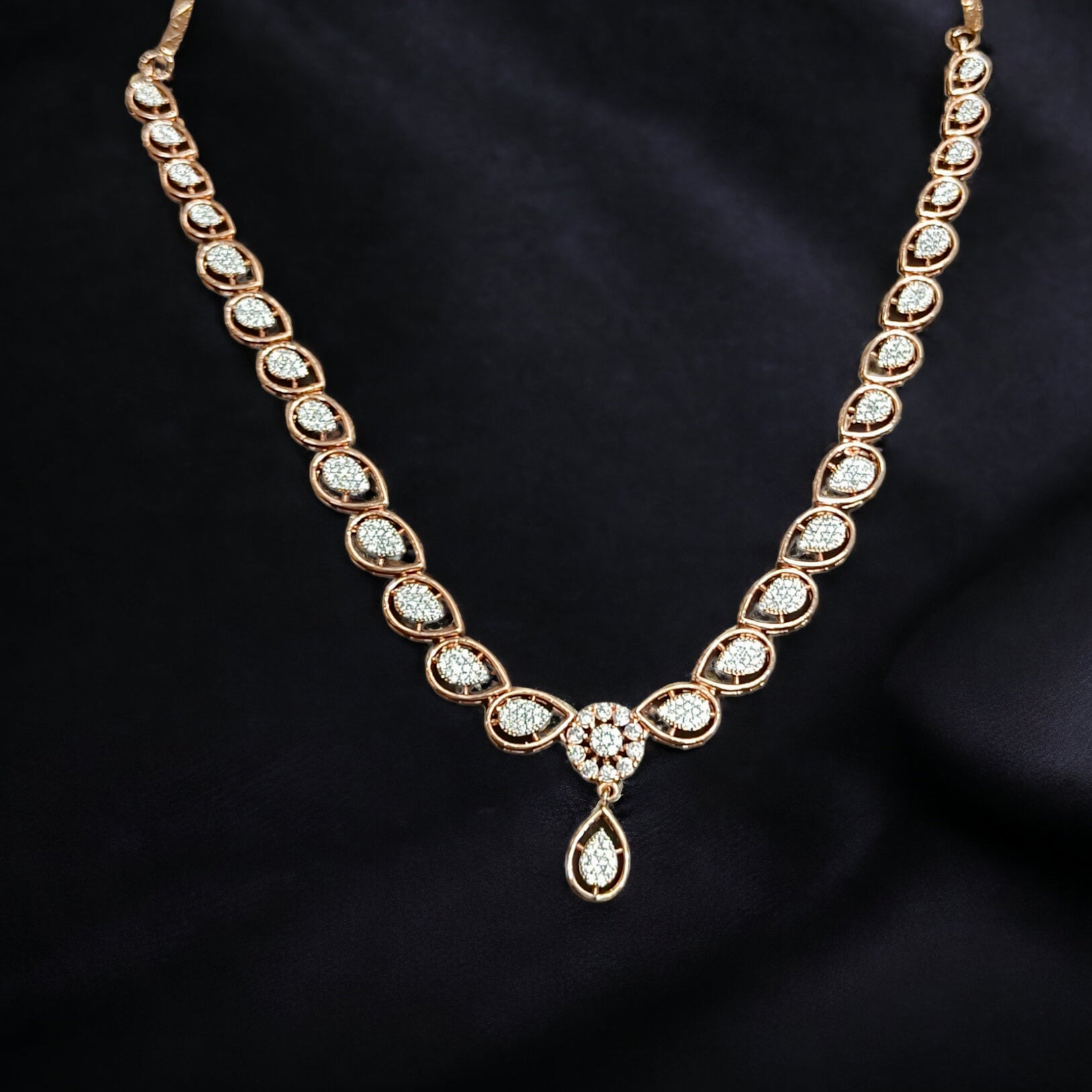 FW Luxury Rose Gold Plated A D Stone Necklace with Earrings