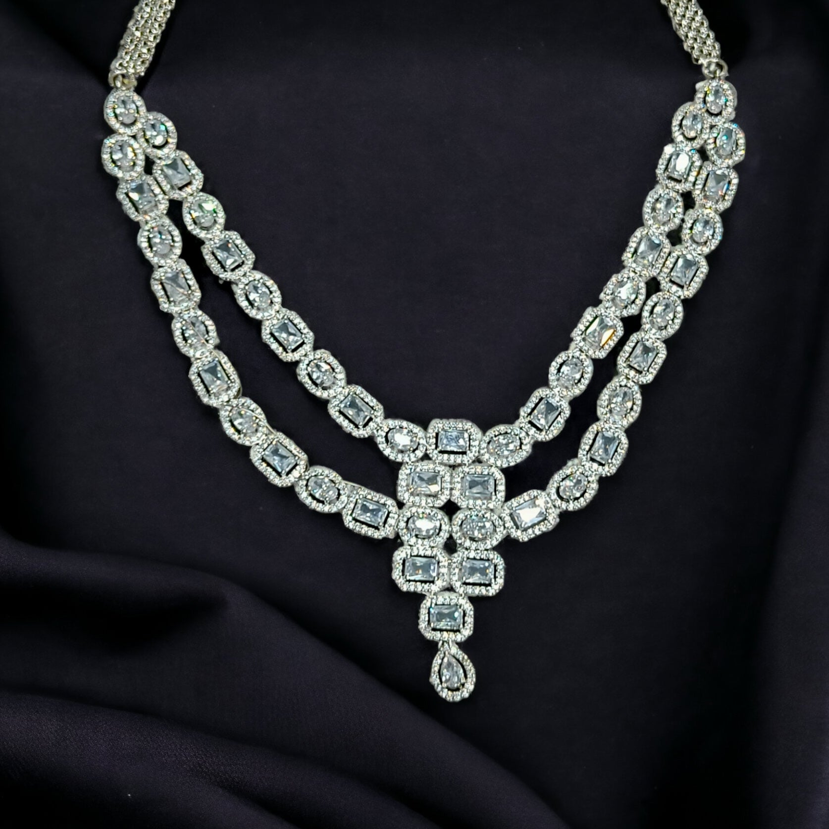 FW Luxury Rhodium Plated Double Layered Necklace with Earrings