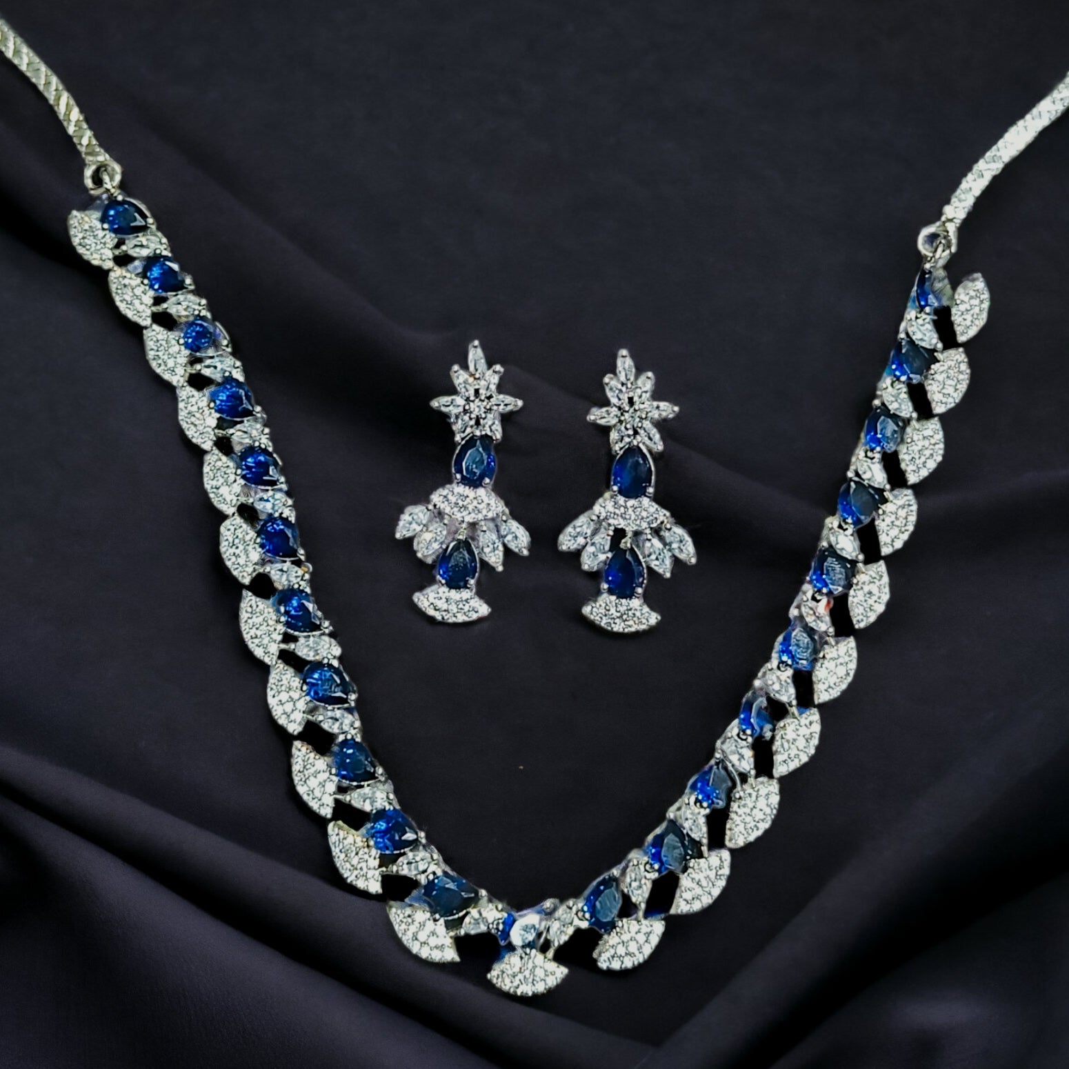 FW Rhodium Plated Blue A D Stone Necklace with Earrings