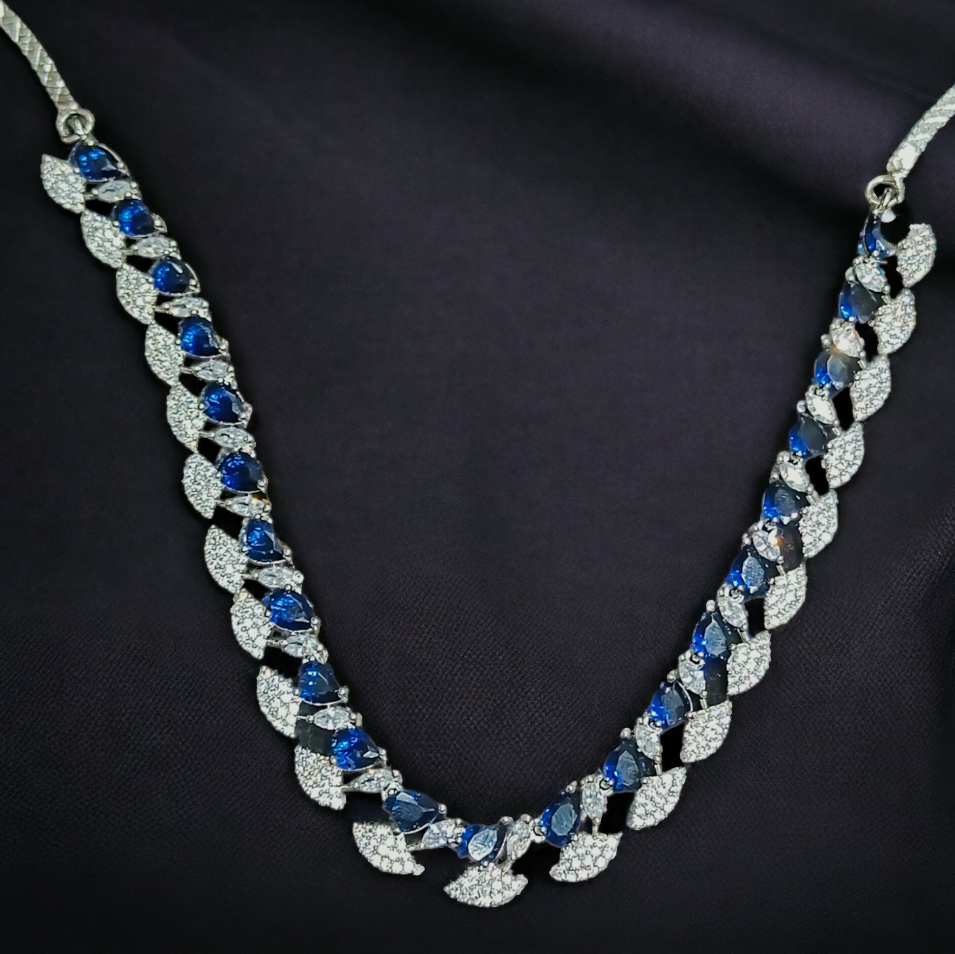 FW Rhodium Plated Blue A D Stone Necklace with Earrings