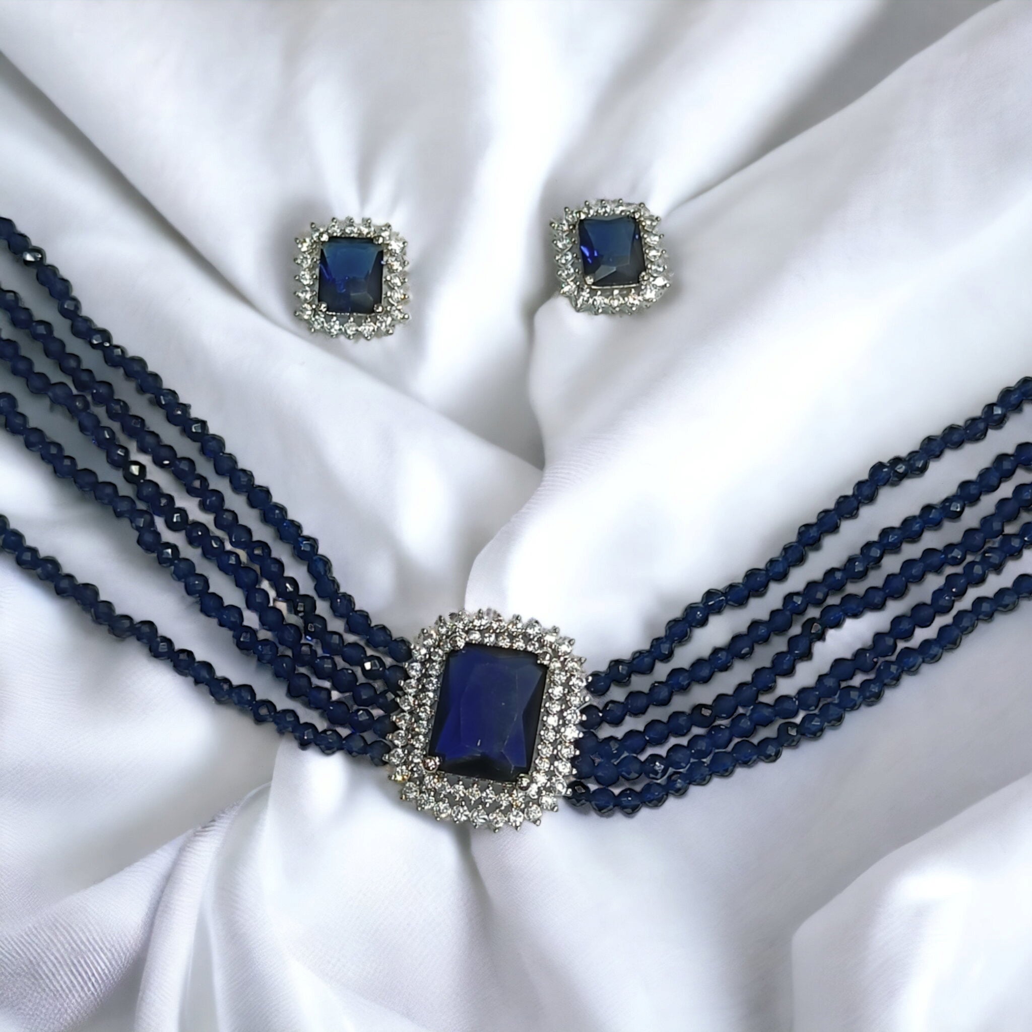 FW Blue Hydro Crystal A D Stone Choker with Earrings