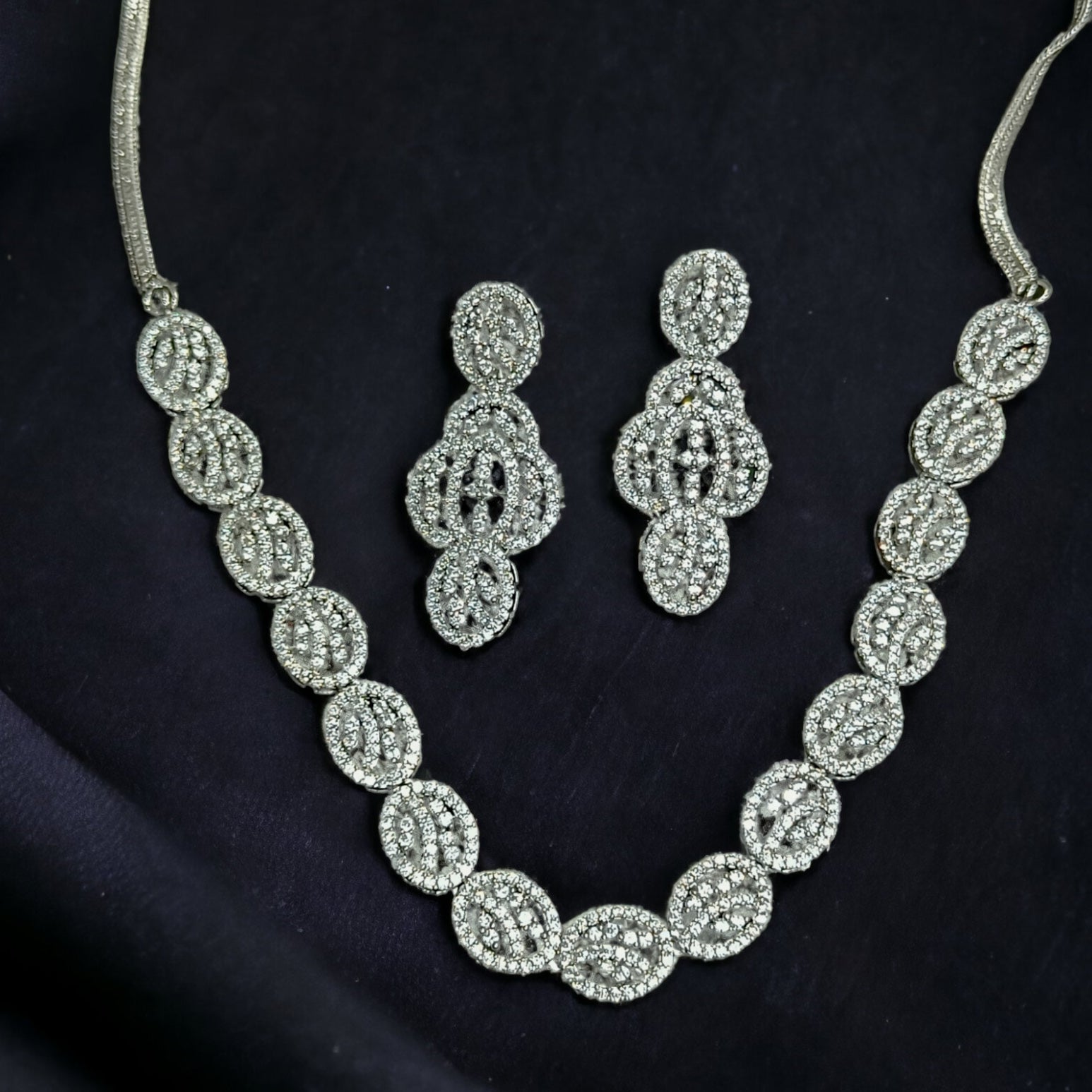 FW Rhodium Plated A D Stone Necklace with Earrings