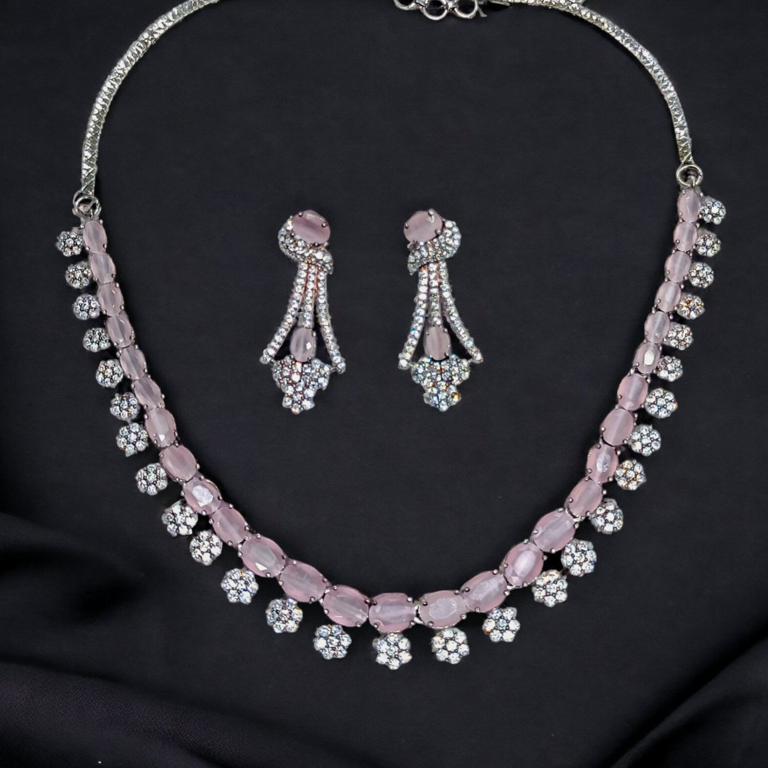 FW Carbon Plated baby Pink A D Stone Necklace with Earrings