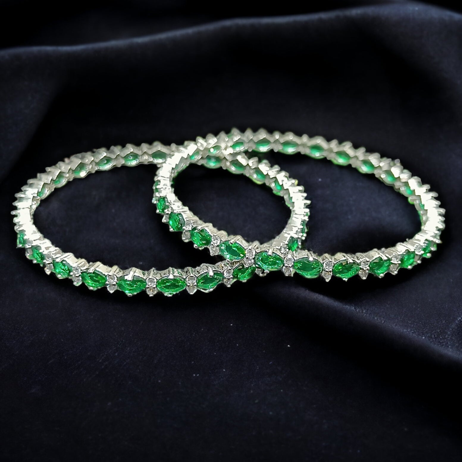 FW Rhodium Plated Emrald Green A D Stone Bangles