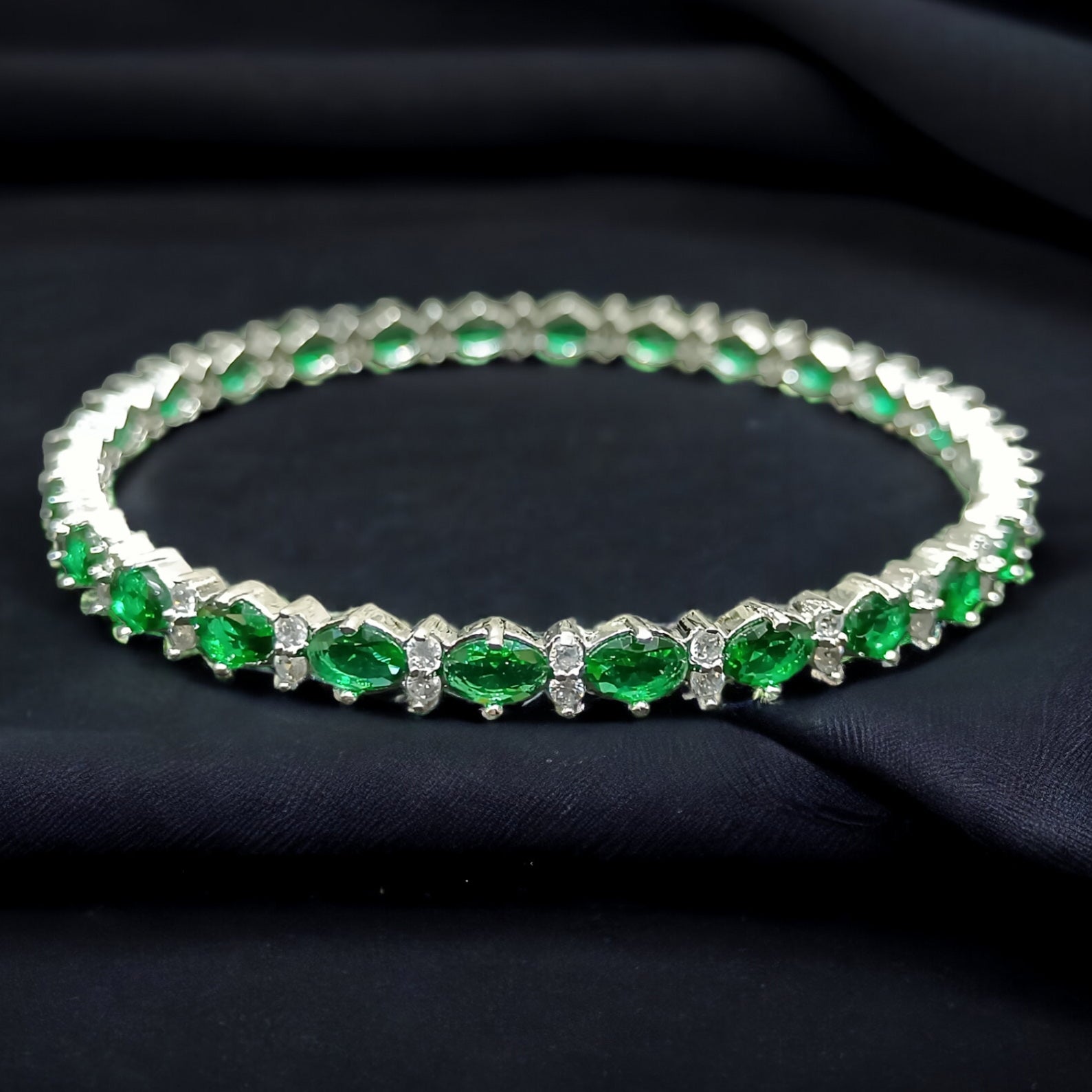 FW Rhodium Plated Emrald Green A D Stone Bangles