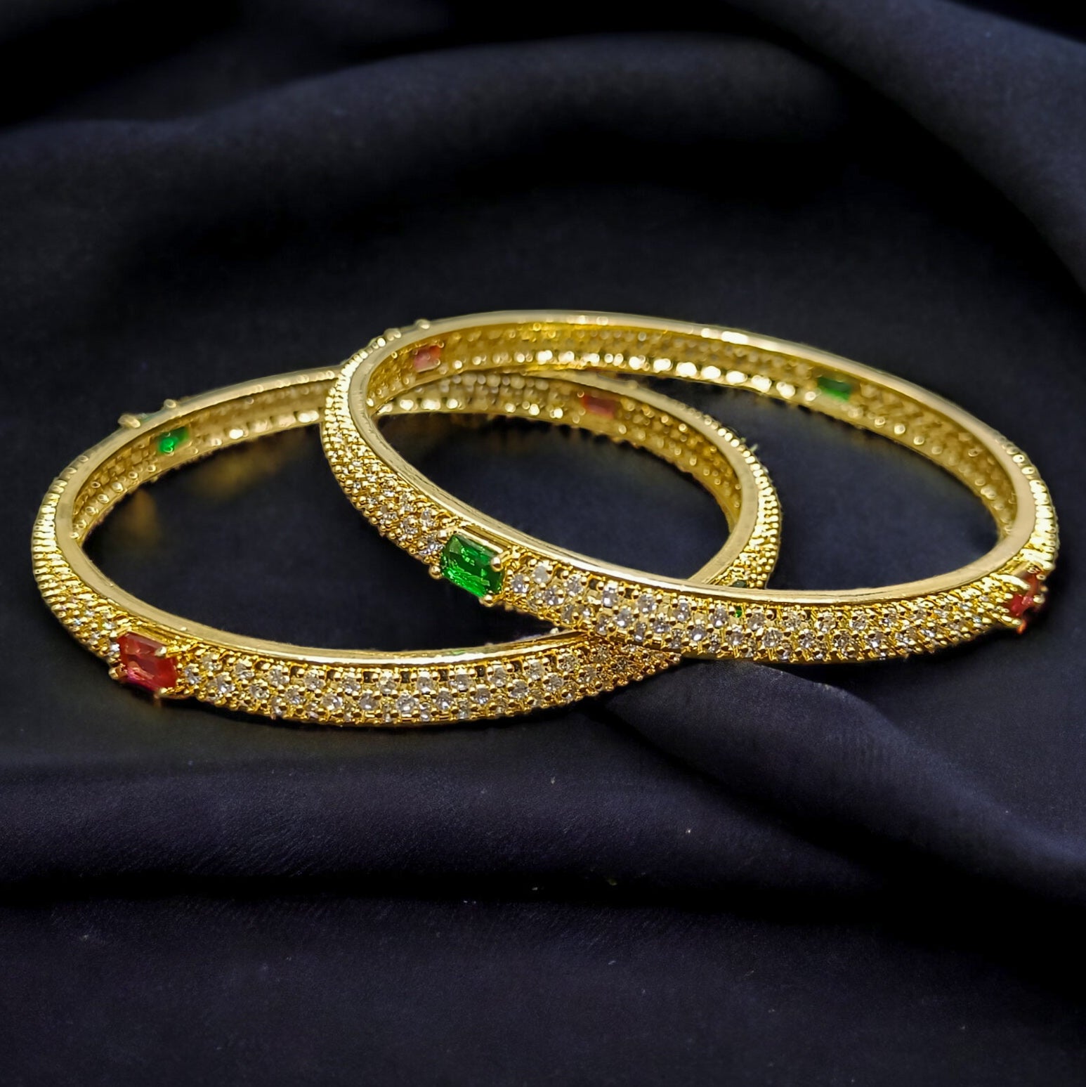 FW Gold Plated A D Stone Ruby & Green Bangles