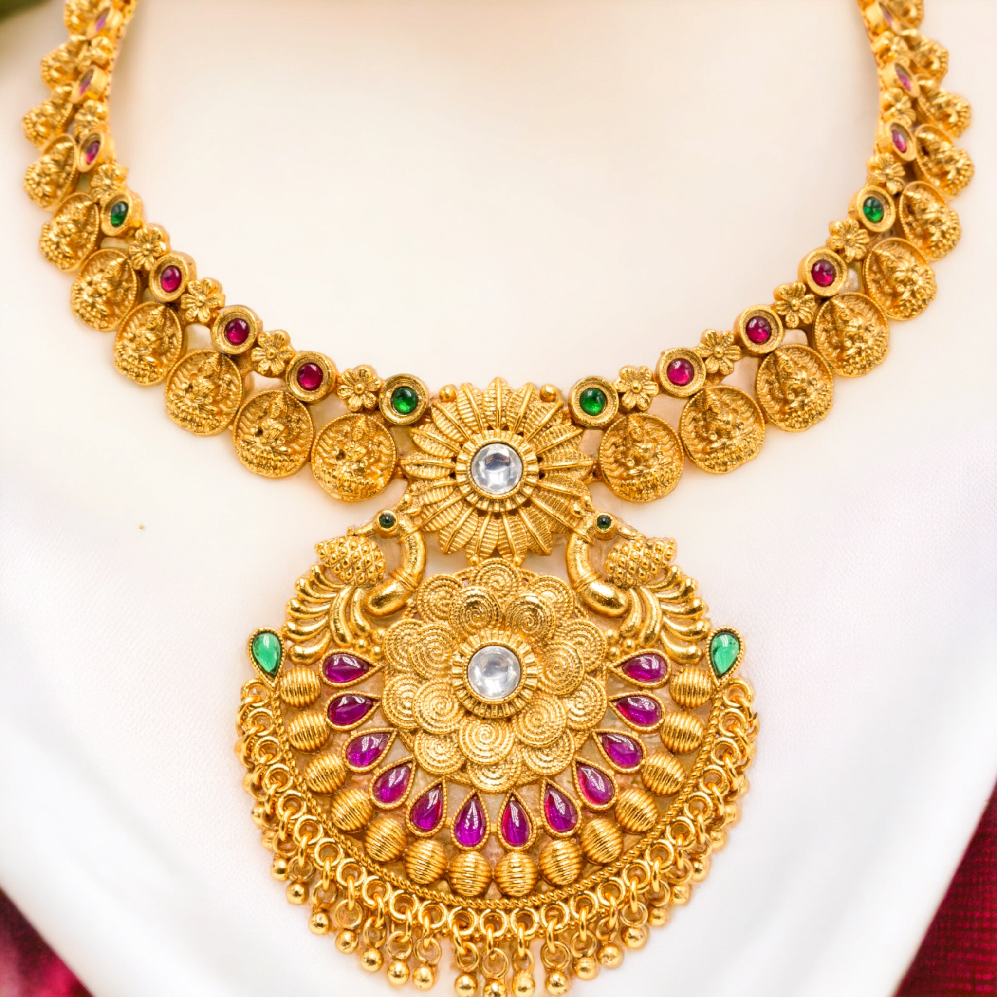 FW Luxury Matte Finished Gold Plated Ruby Stone Necklace with Earrings