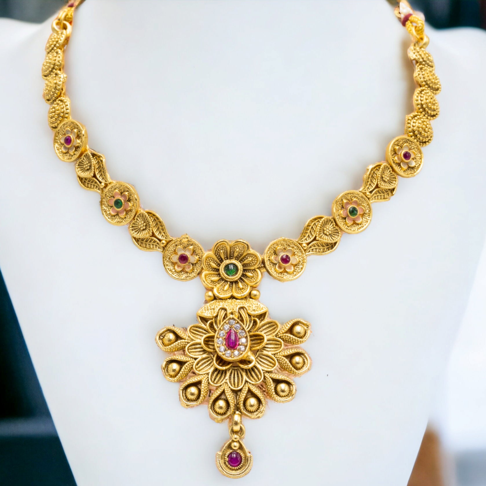 FW Ruby Stone Gold Plated Necklace with Earrings