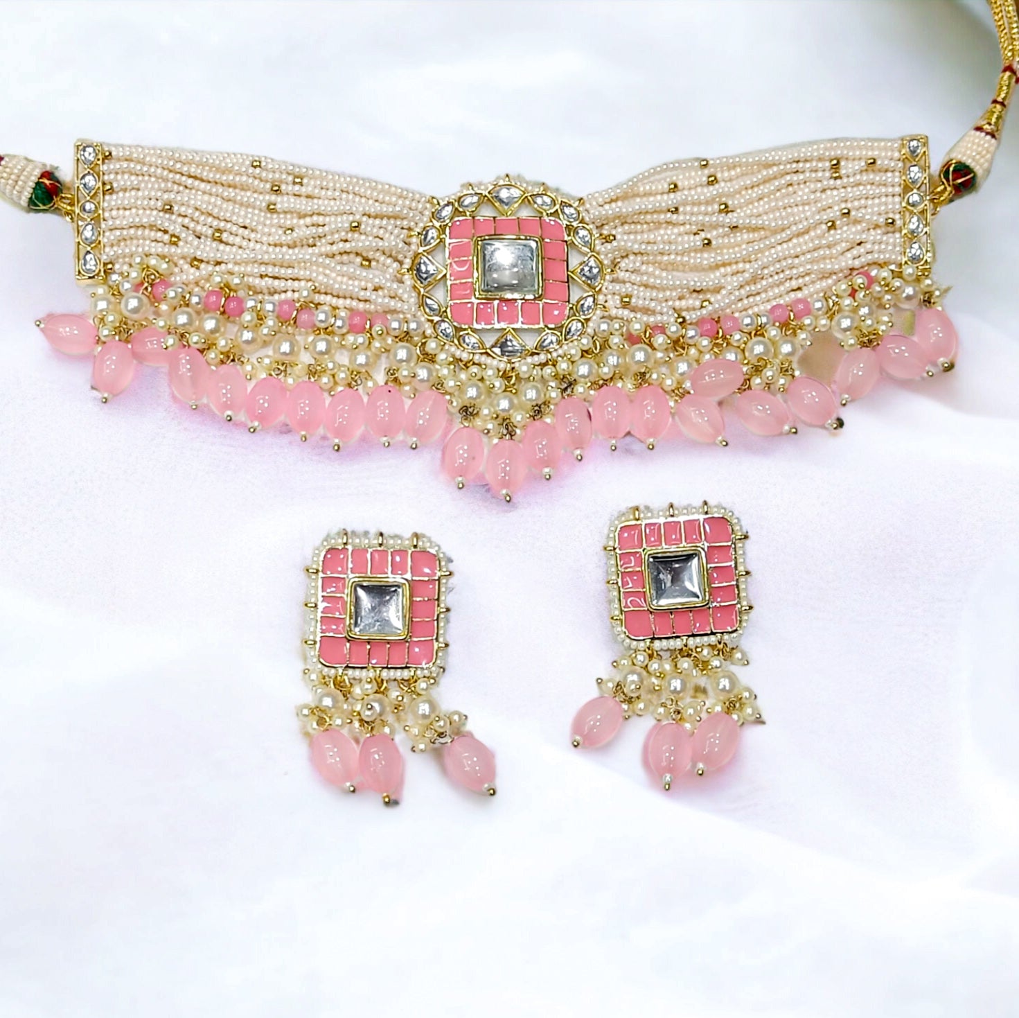 FW Pastel Pink White Pearl Indo-Western Necklace with Earrings