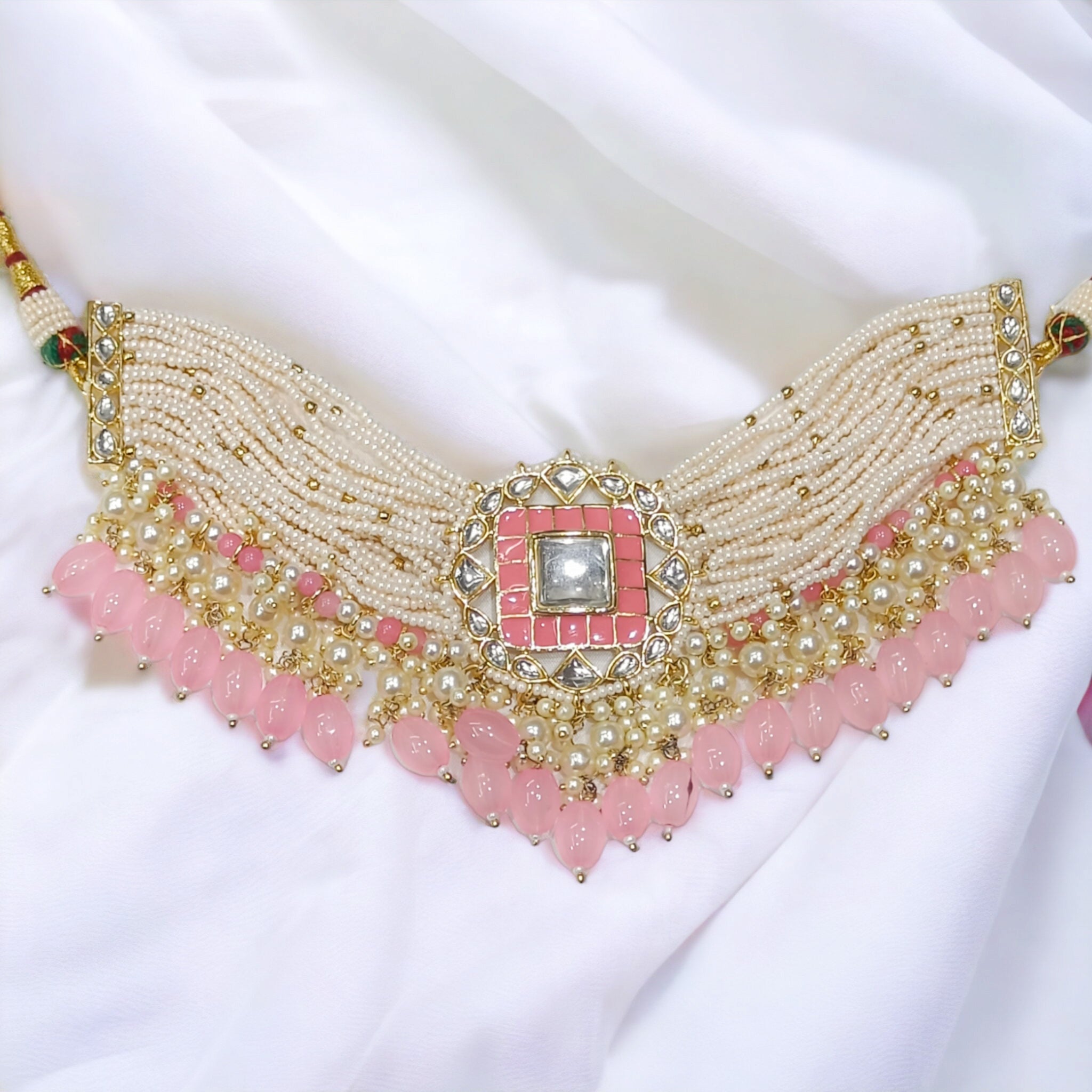 FW Pastel Pink White Pearl Indo-Western Necklace with Earrings