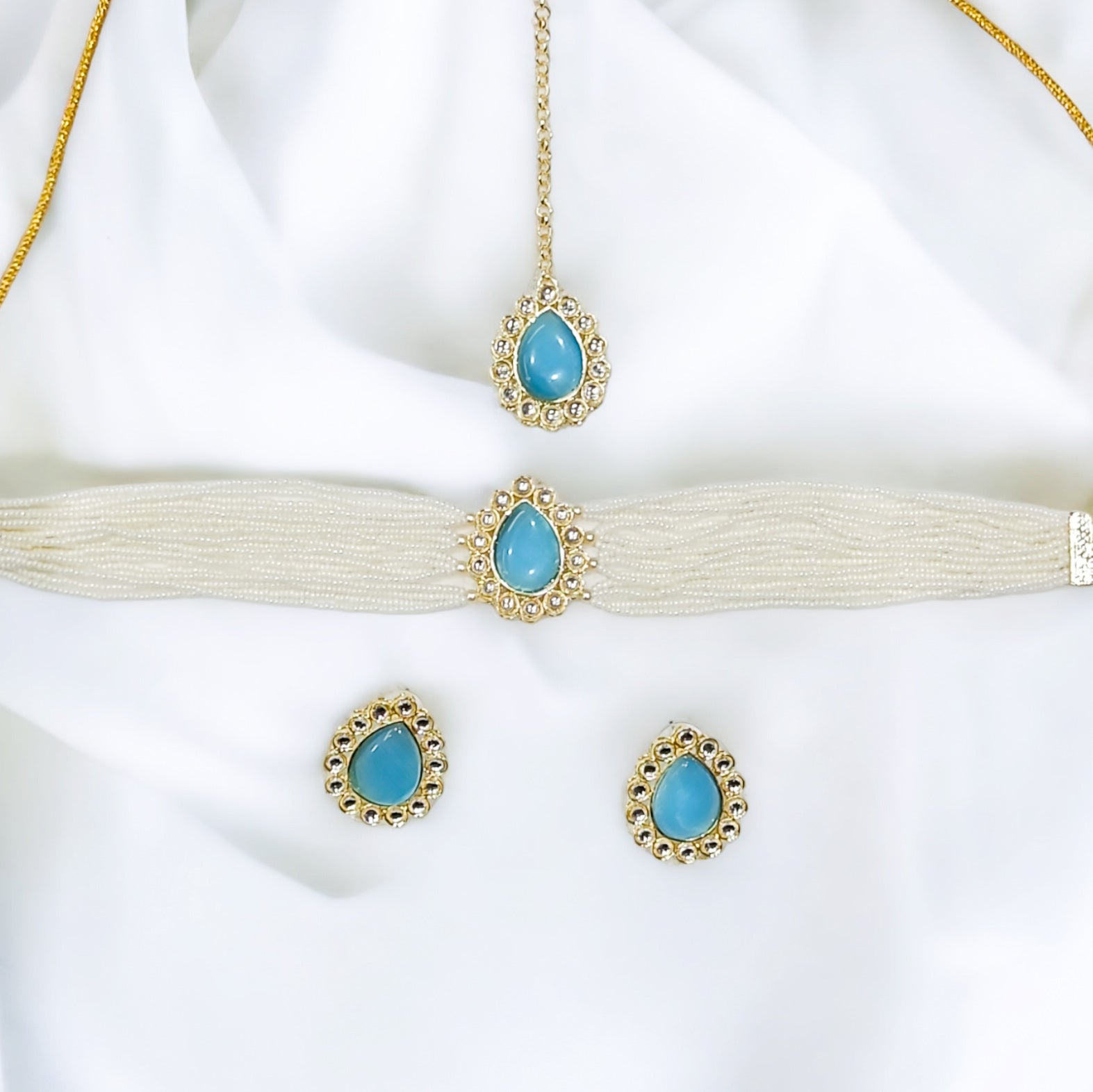 FW Sky Blue Indo-Western Necklace with Earrings & Mangtikka