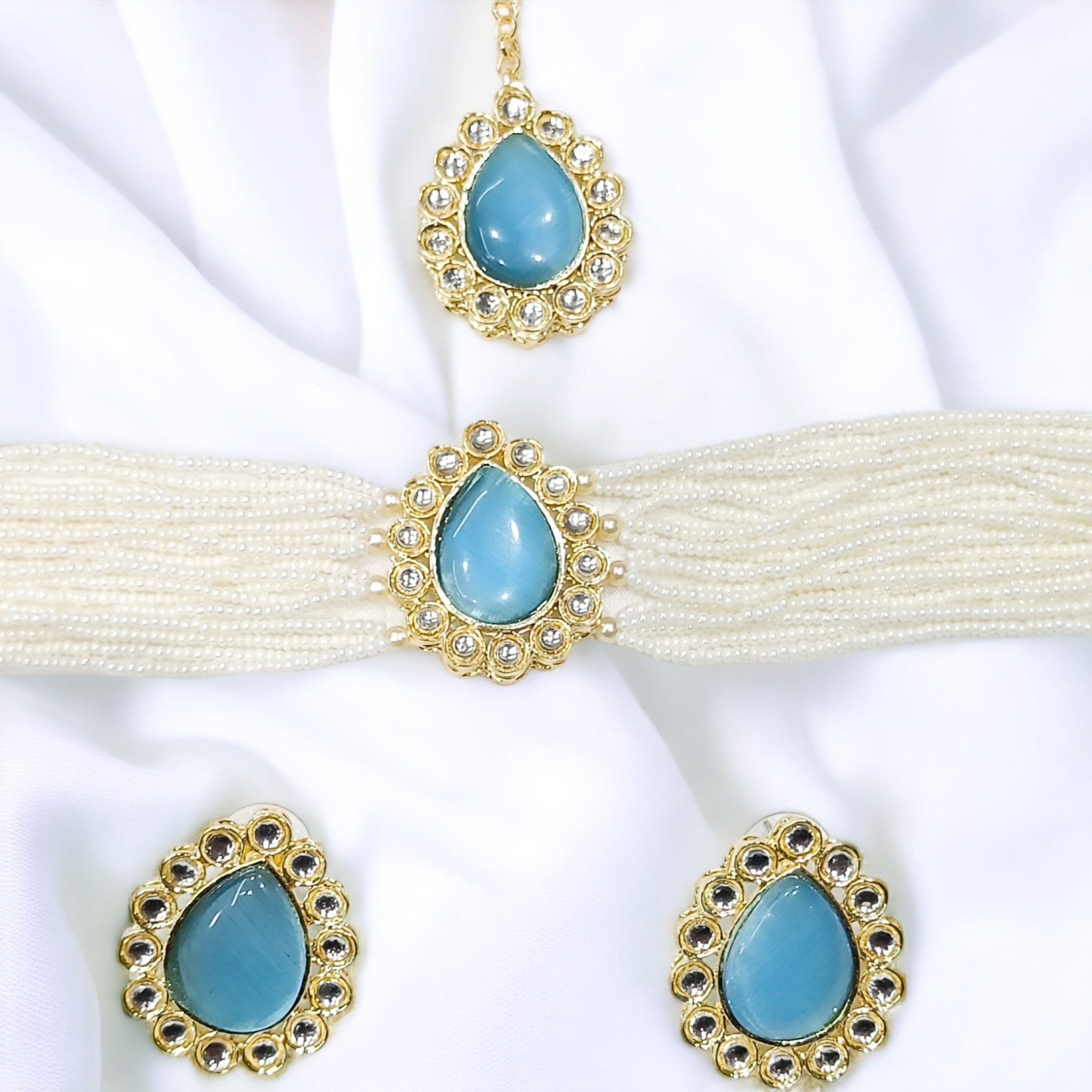 FW Sky Blue Indo-Western Necklace with Earrings & Mangtikka