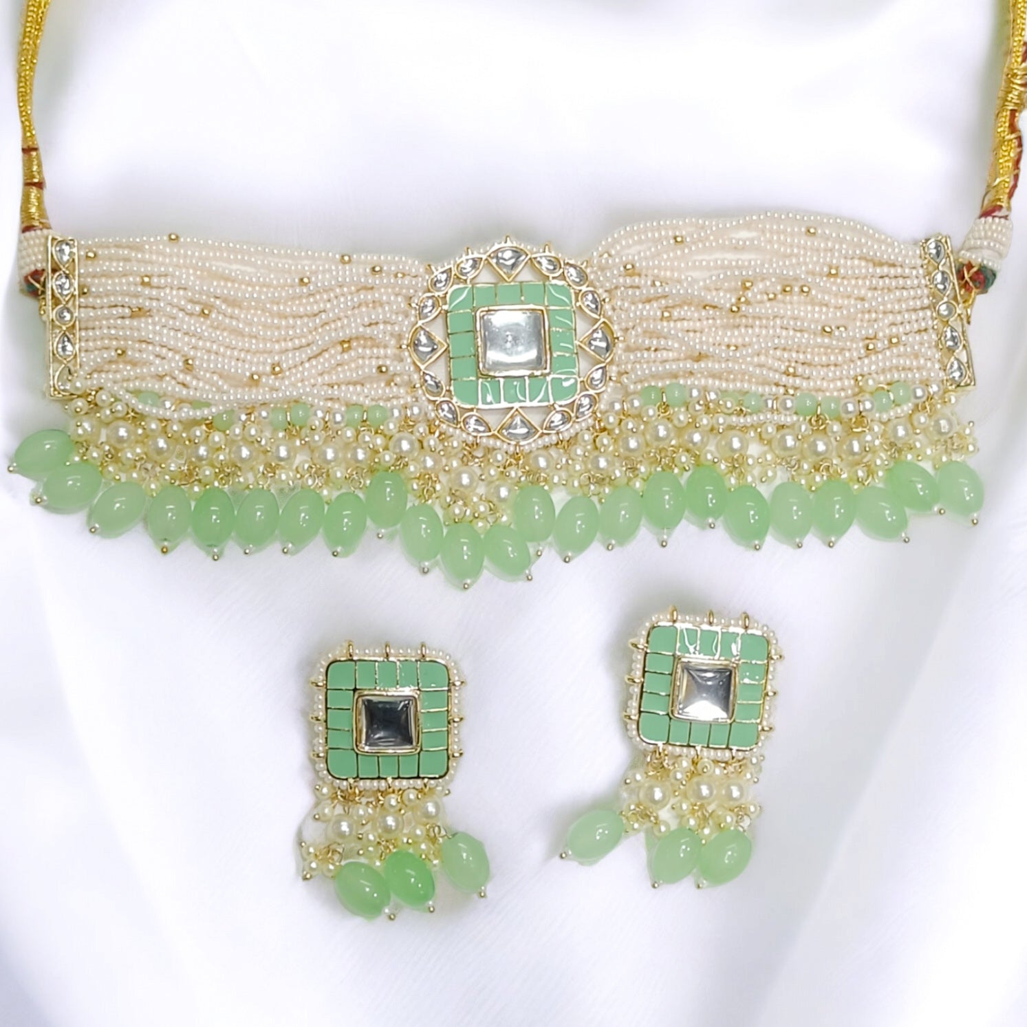 FW Pastel Green Indo-Western Necklace with Earrings & Mangtikka