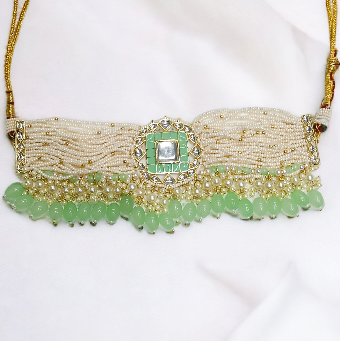 FW Pastel Green Indo-Western Necklace with Earrings & Mangtikka