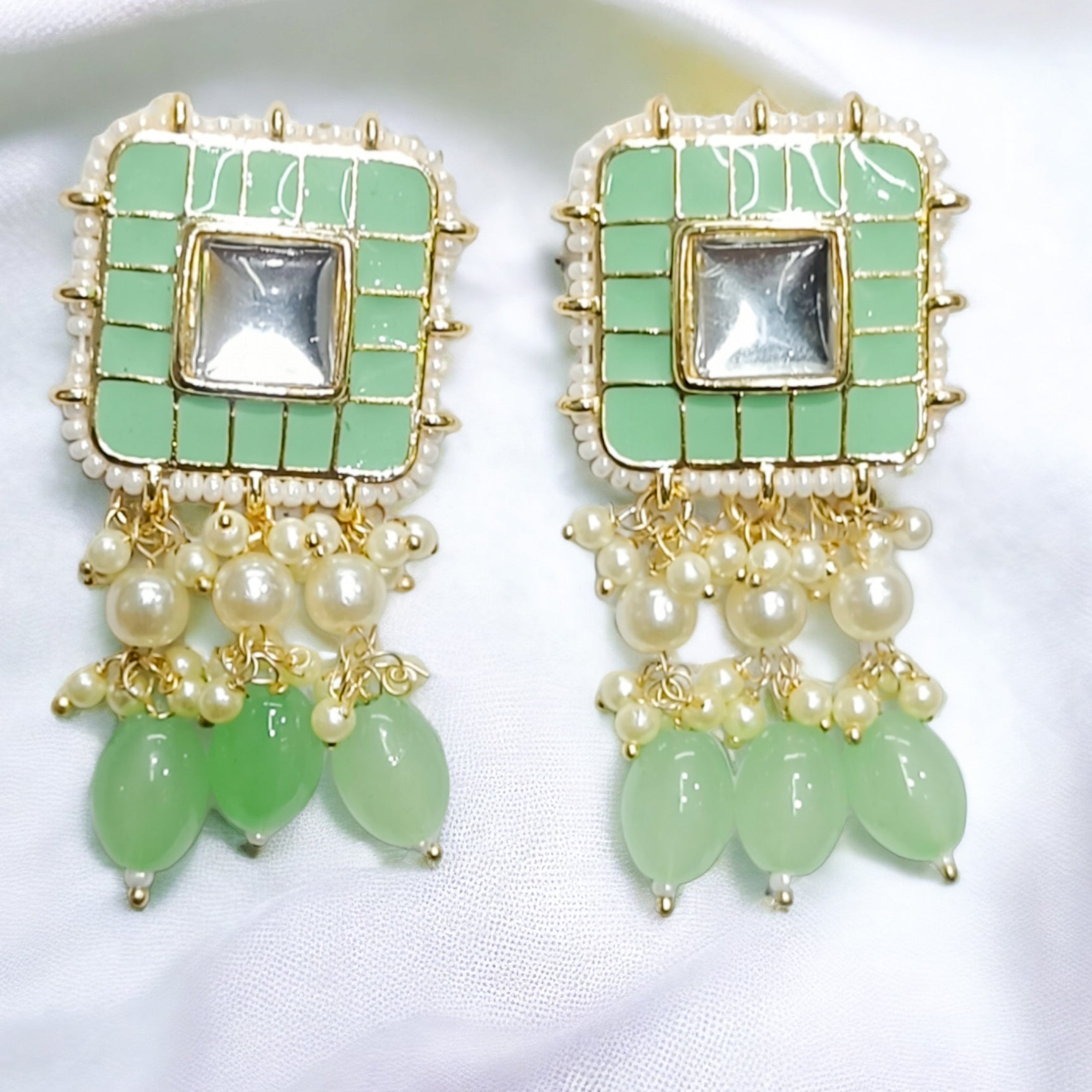 FW Pastel Green Indo-Western Necklace with Earrings & Mangtikka