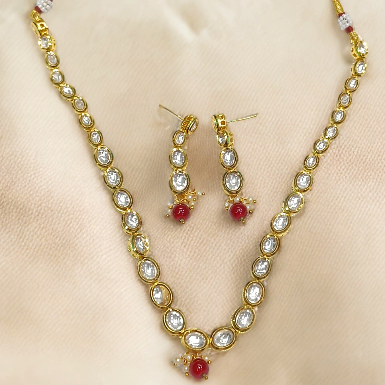 FW Premium Gold Plated Kundan Necklace with Red Pearl & Set of Earrings