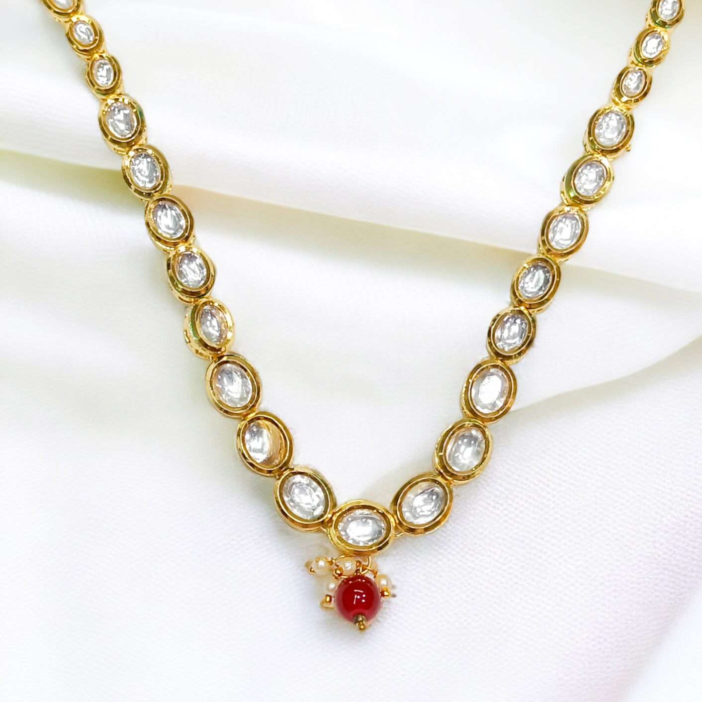 FW Premium Gold Plated Kundan Necklace with Red Pearl & Set of Earrings