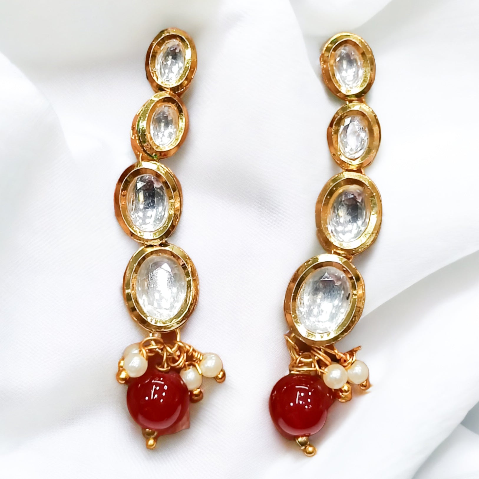 FW Premium Gold Plated Kundan Necklace with Red Pearl & Set of Earrings