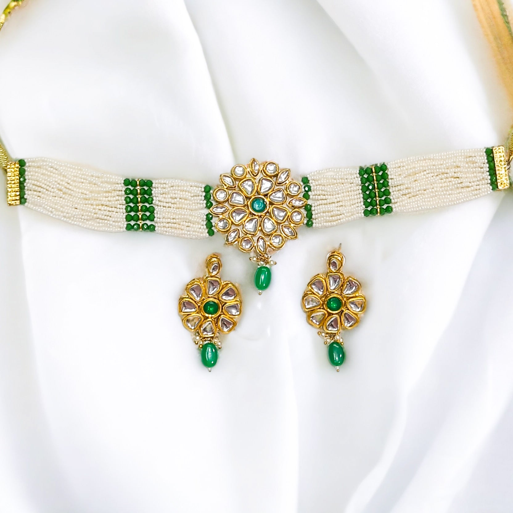 FW Premium Green Pearl Gold Plated Kundan Choker with Earrings