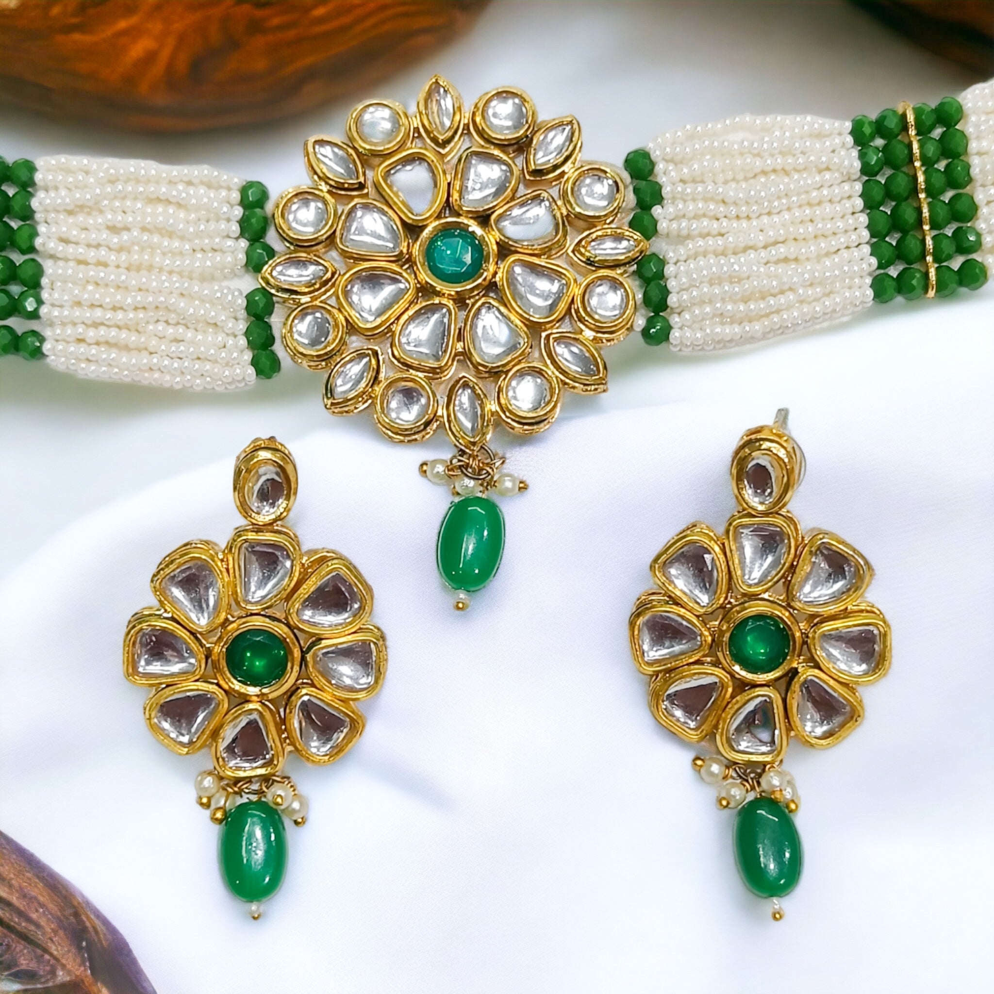 FW Premium Green Pearl Gold Plated Kundan Choker with Earrings