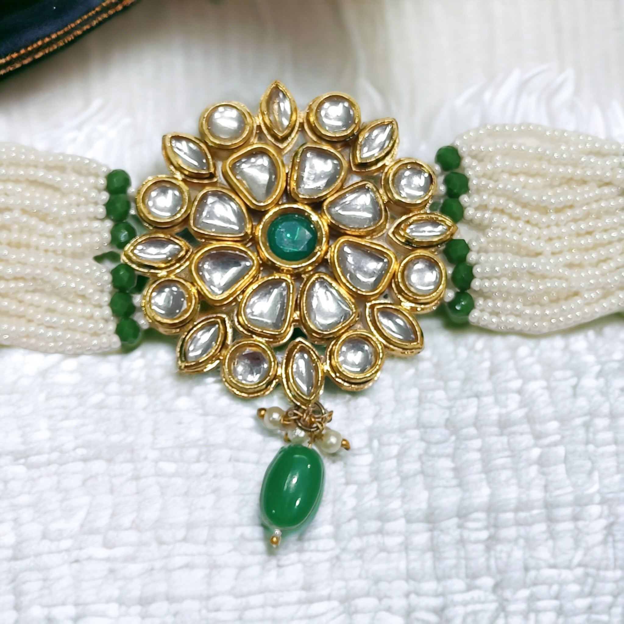 FW Premium Green Pearl Gold Plated Kundan Choker with Earrings