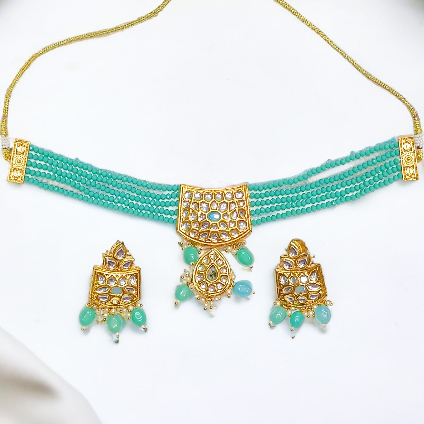 FW Premium Pastel Green Hydro Crystal Kundan Choker with Earrings