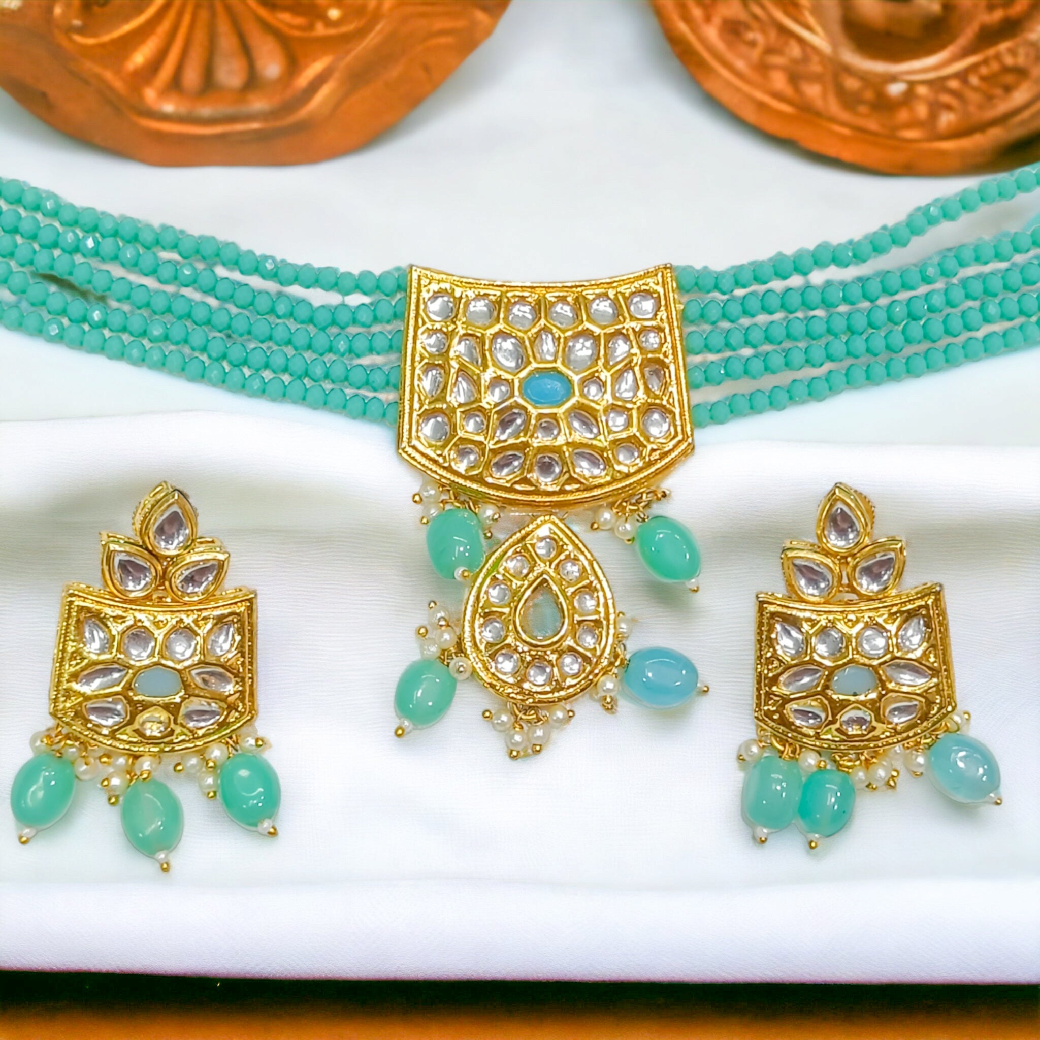 FW Premium Pastel Green Hydro Crystal Kundan Choker with Earrings