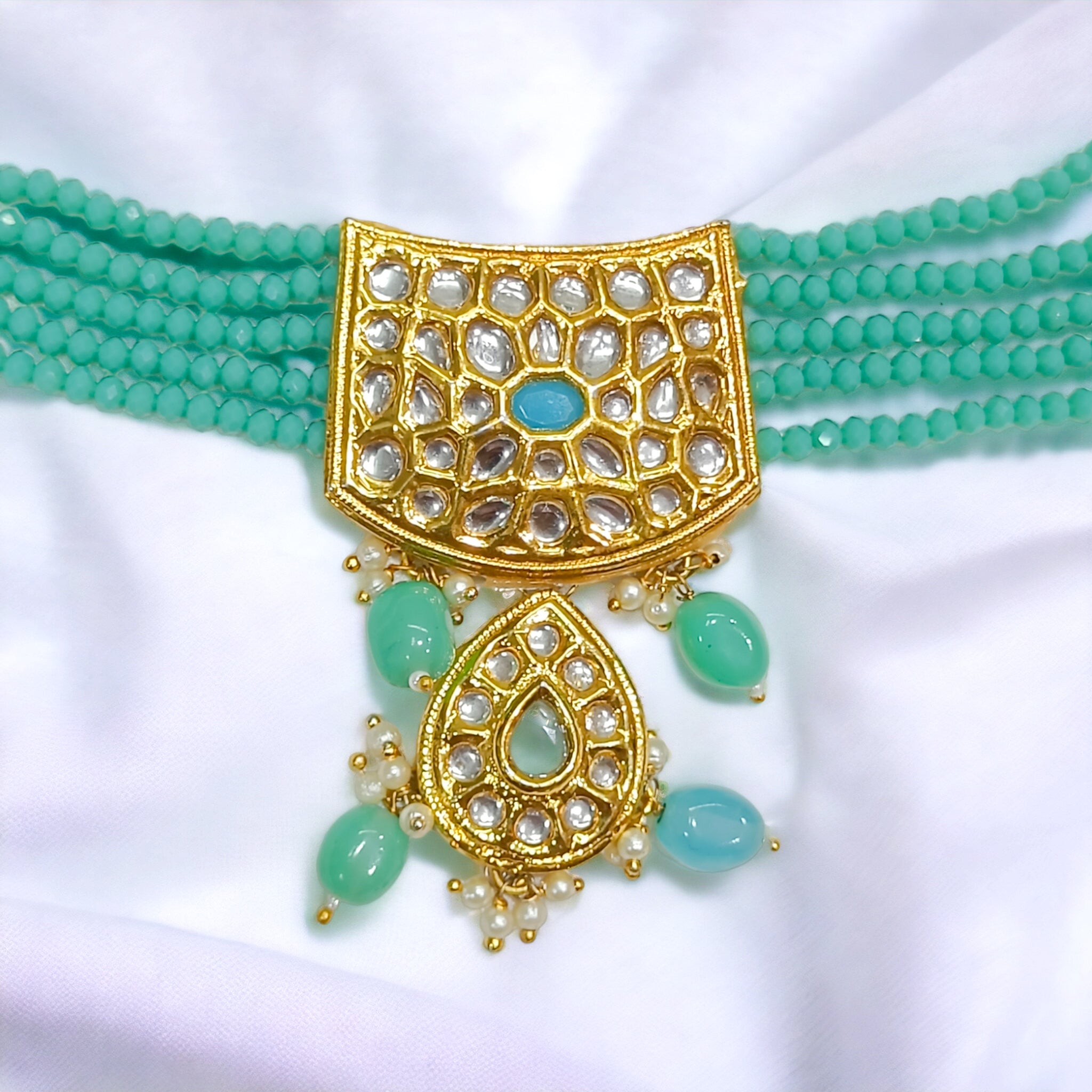 FW Premium Pastel Green Hydro Crystal Kundan Choker with Earrings