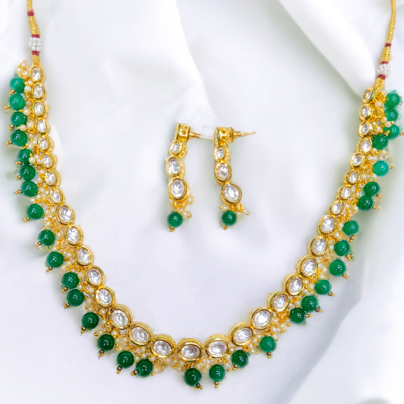 FW Premium Green Pearl Gold Plated Kundan Necklace with Earrings