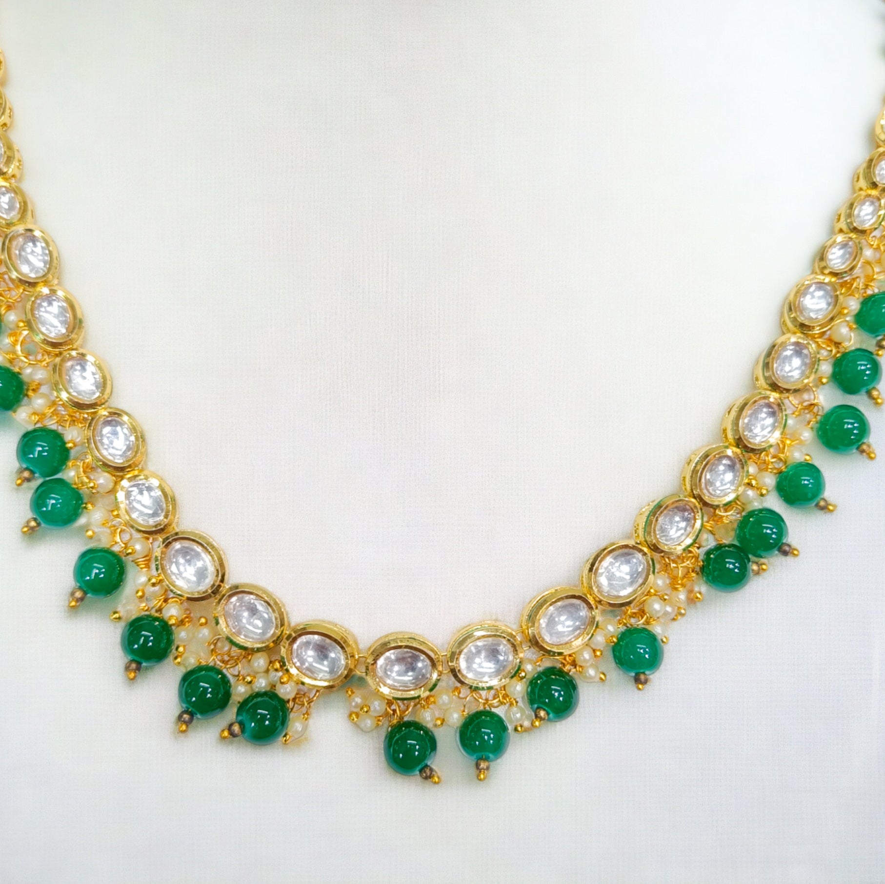 FW Premium Green Pearl Gold Plated Kundan Necklace with Earrings