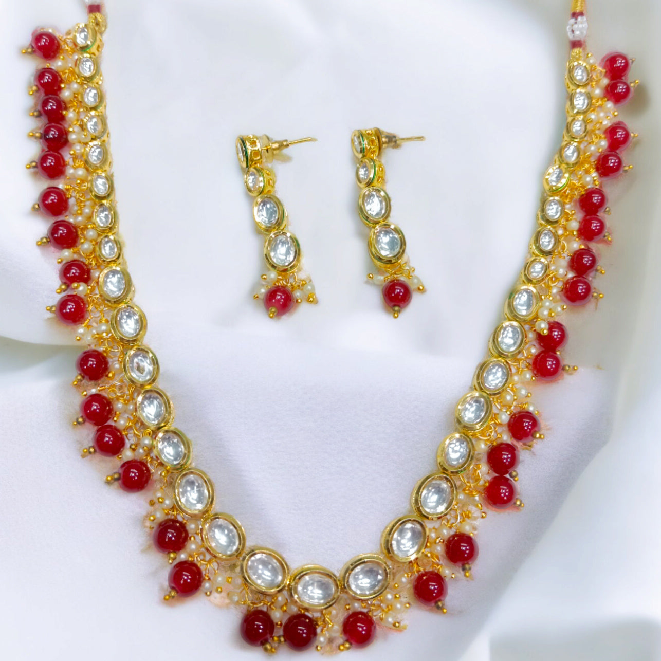 FW Premium Maroon Pearl Gold Plated Kundan Necklace with Earrings