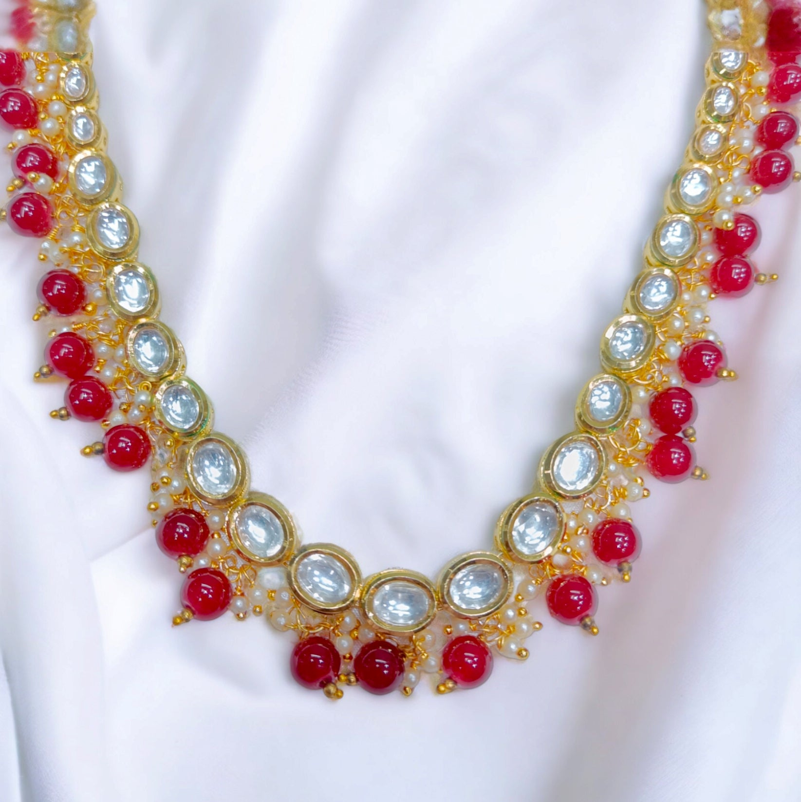 FW Premium Maroon Pearl Gold Plated Kundan Necklace with Earrings