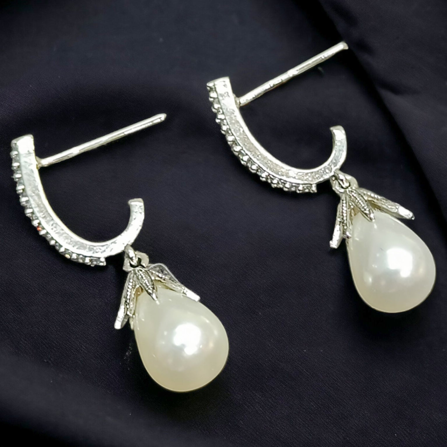 FW Premium Rhodium Plated White Pearl A D Stone Western Earring