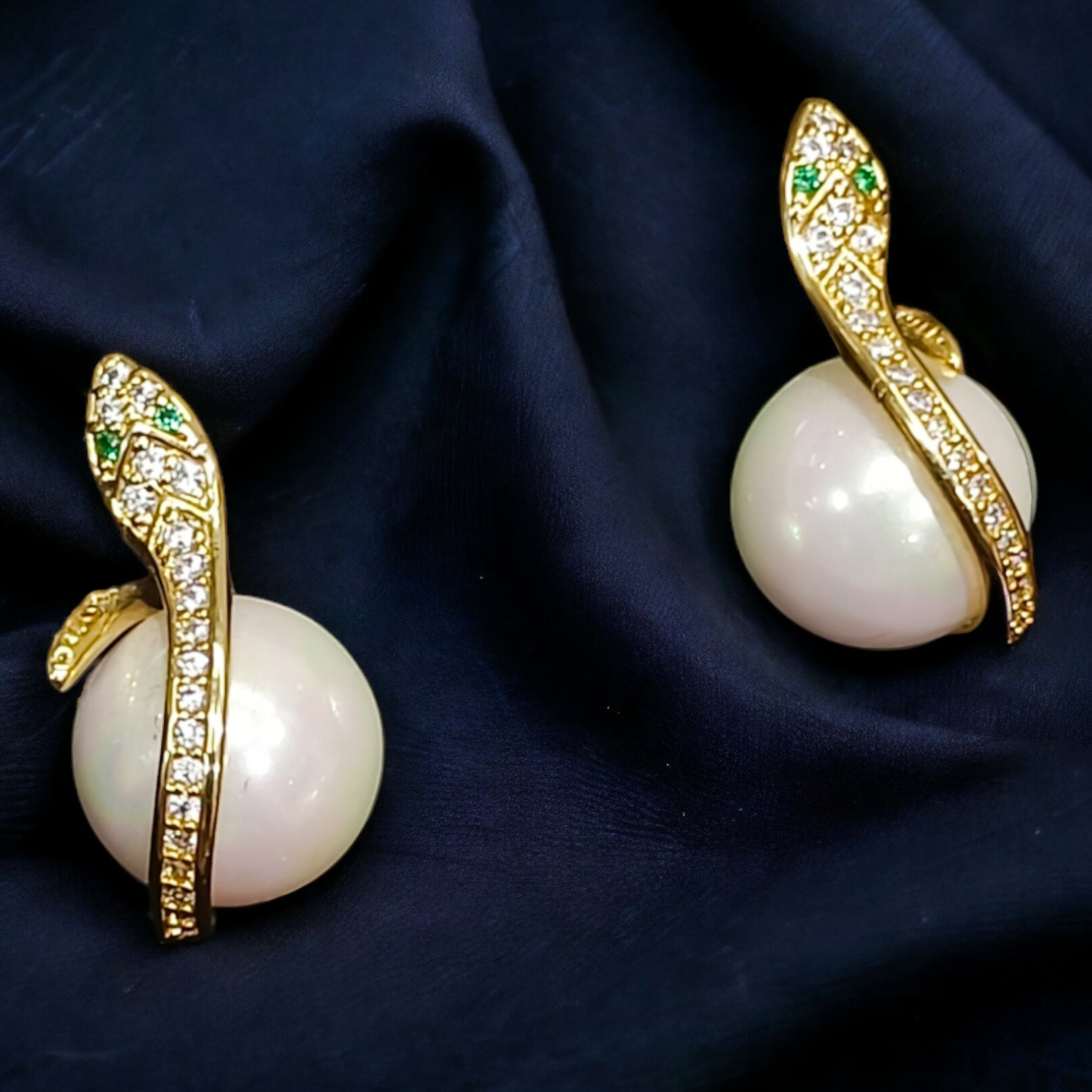 FW White Pearl Snake Design Gold Plated  A D Stone Western Earring