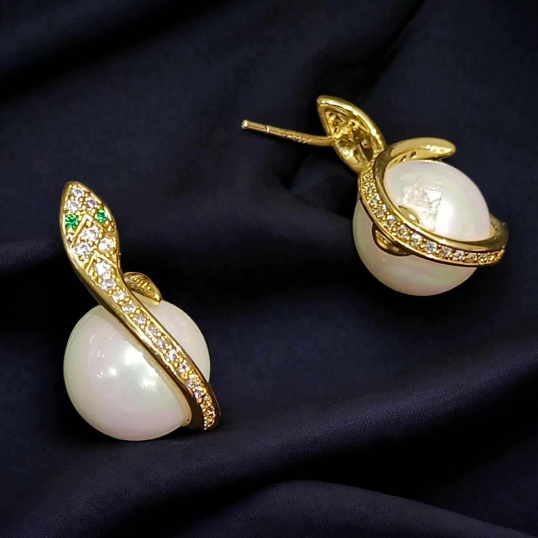 FW White Pearl Snake Design Gold Plated  A D Stone Western Earring