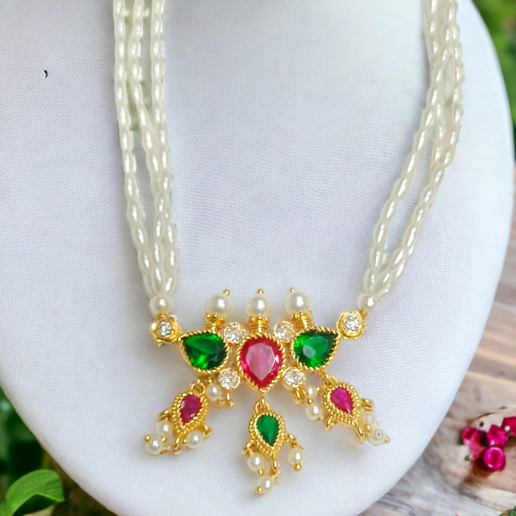 FW Premium Gold Plated Ruby & Green Stone Tanmani Set